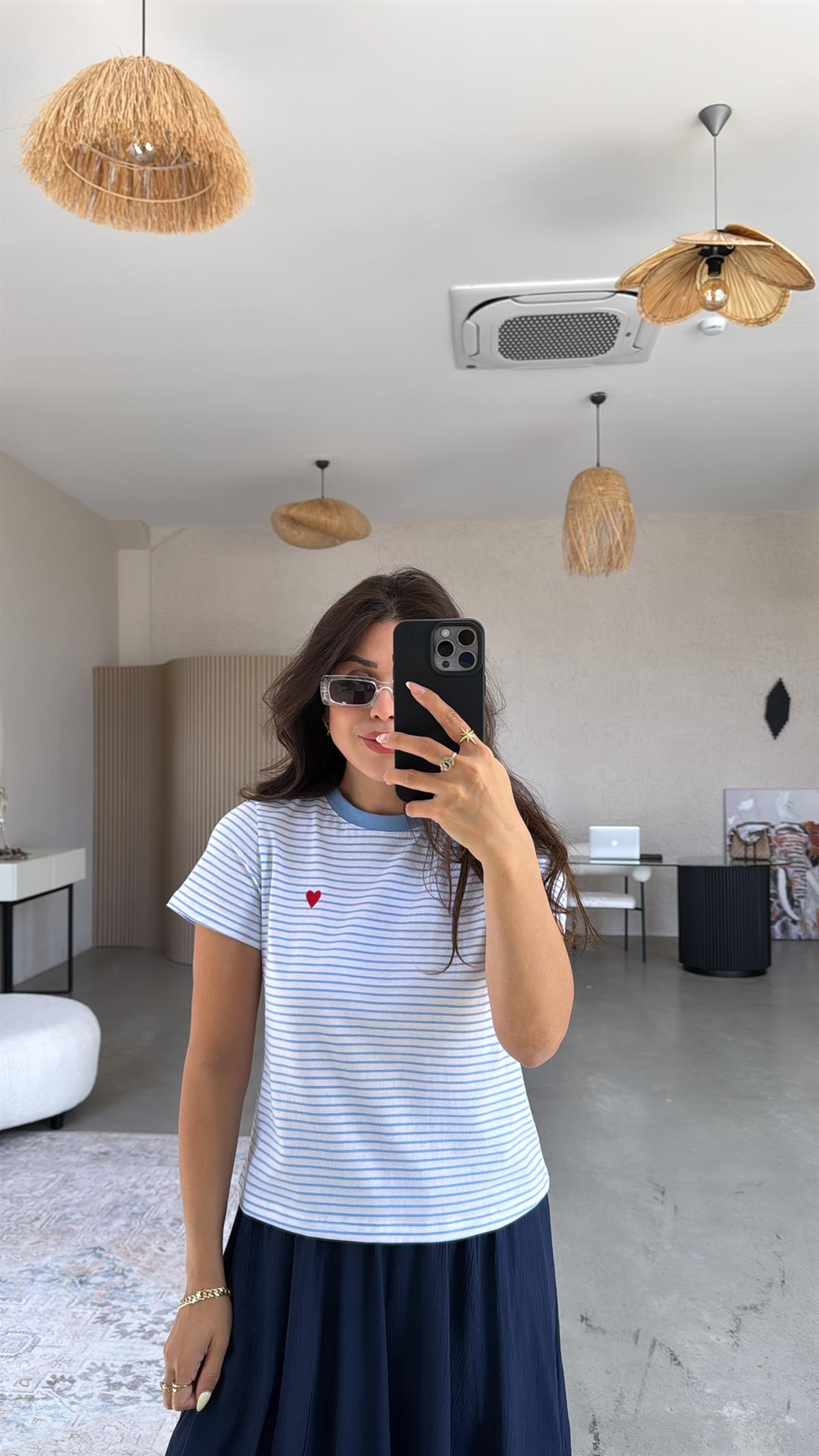 Bebe Mavi Çizgili Kalp Nakışlı Tshirt