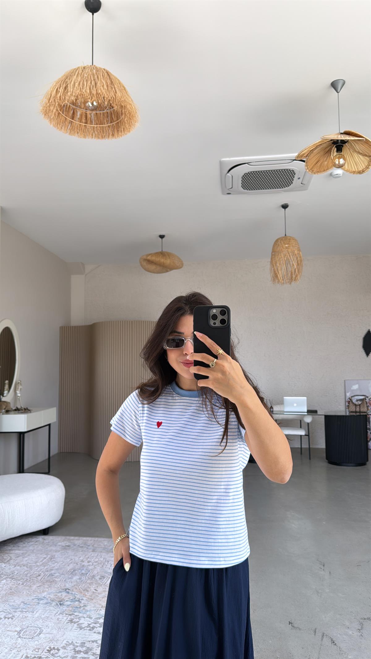 Bebe Mavi Çizgili Kalp Nakışlı Tshirt