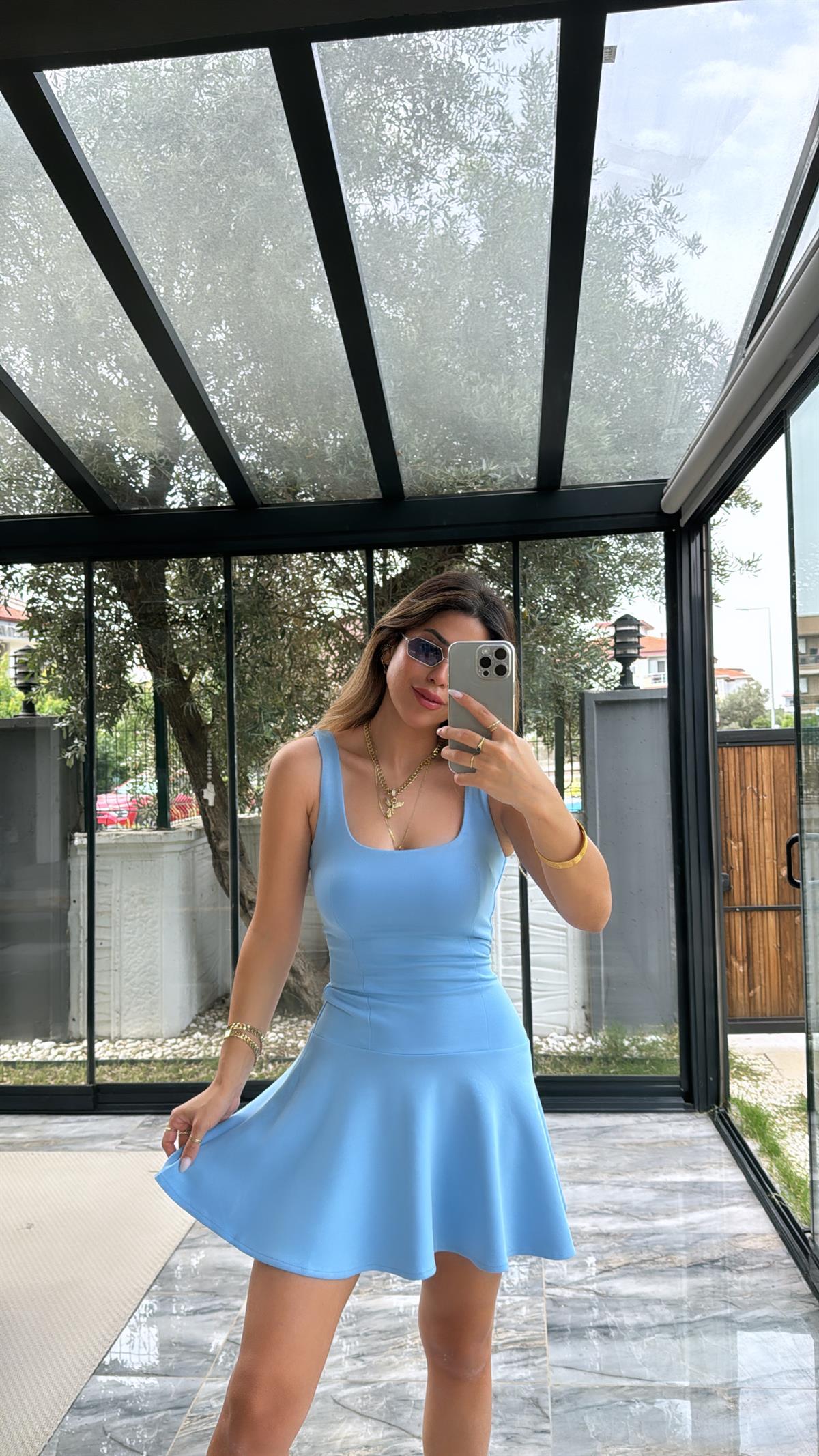 Bebe Mavi Eteği Volanlı Elbise