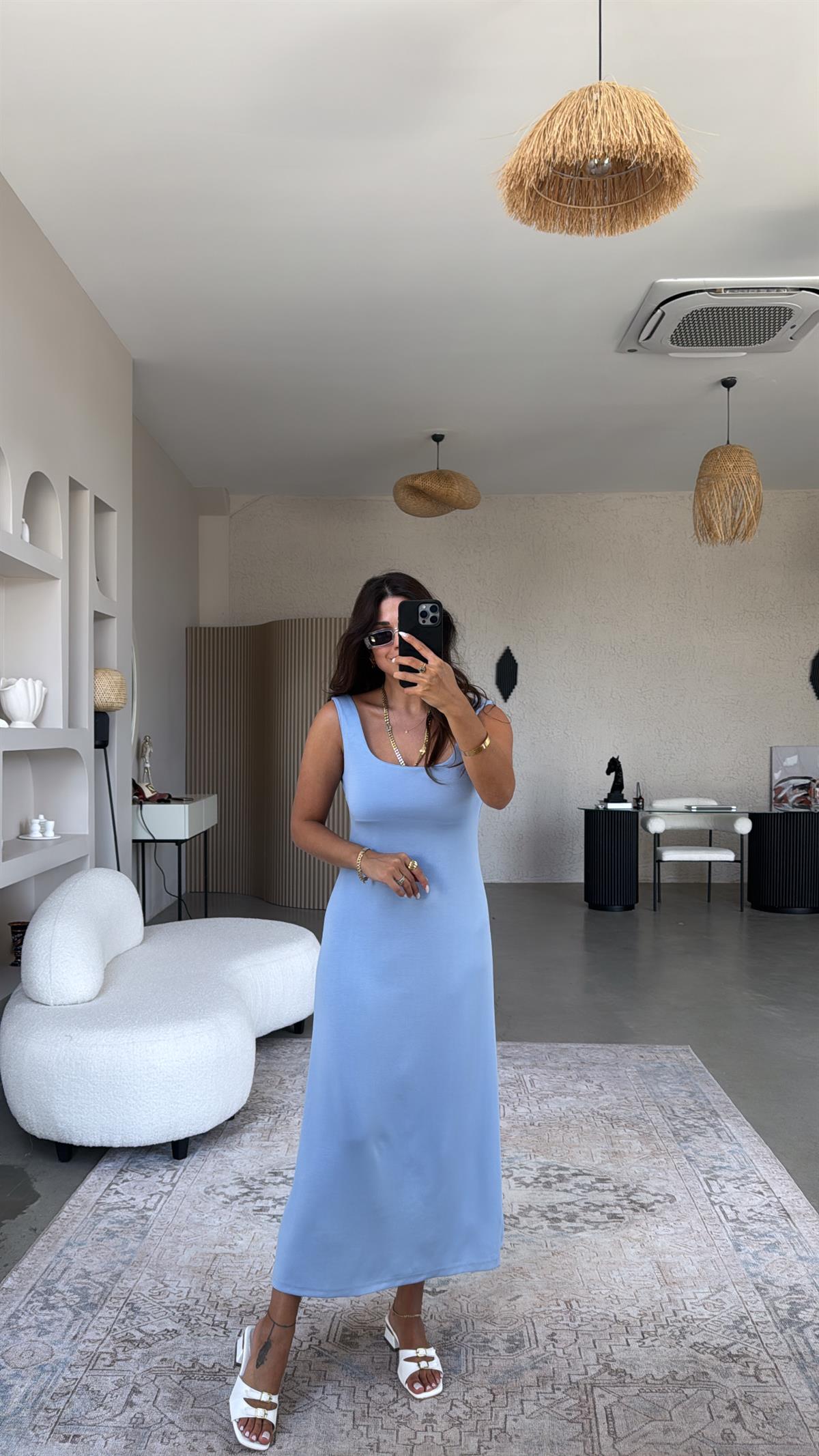 Bebe Mavi Modal Kare Yaka Elbise