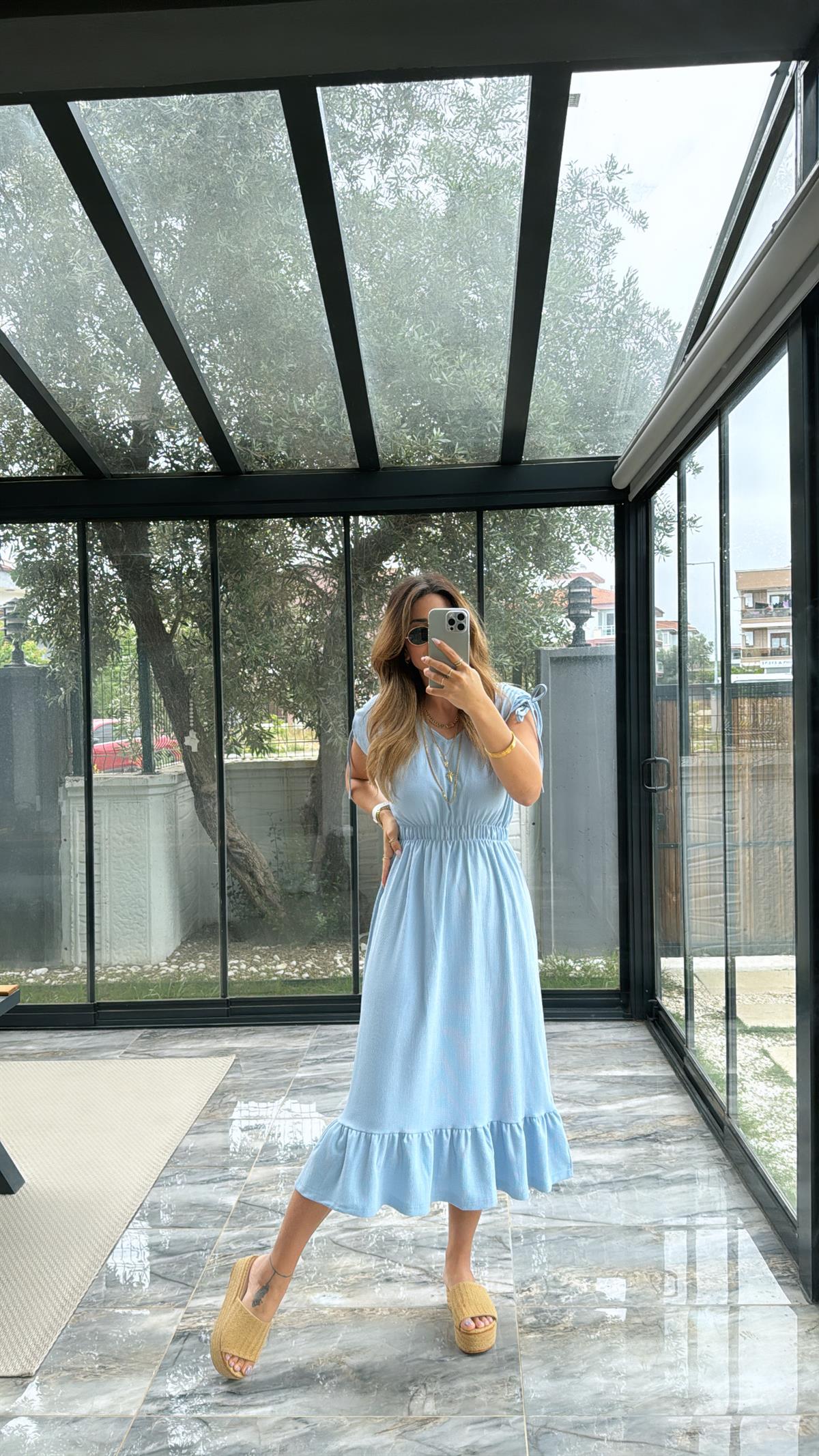Bebe Mavi Omzu Büzgülü V Yaka Elbise