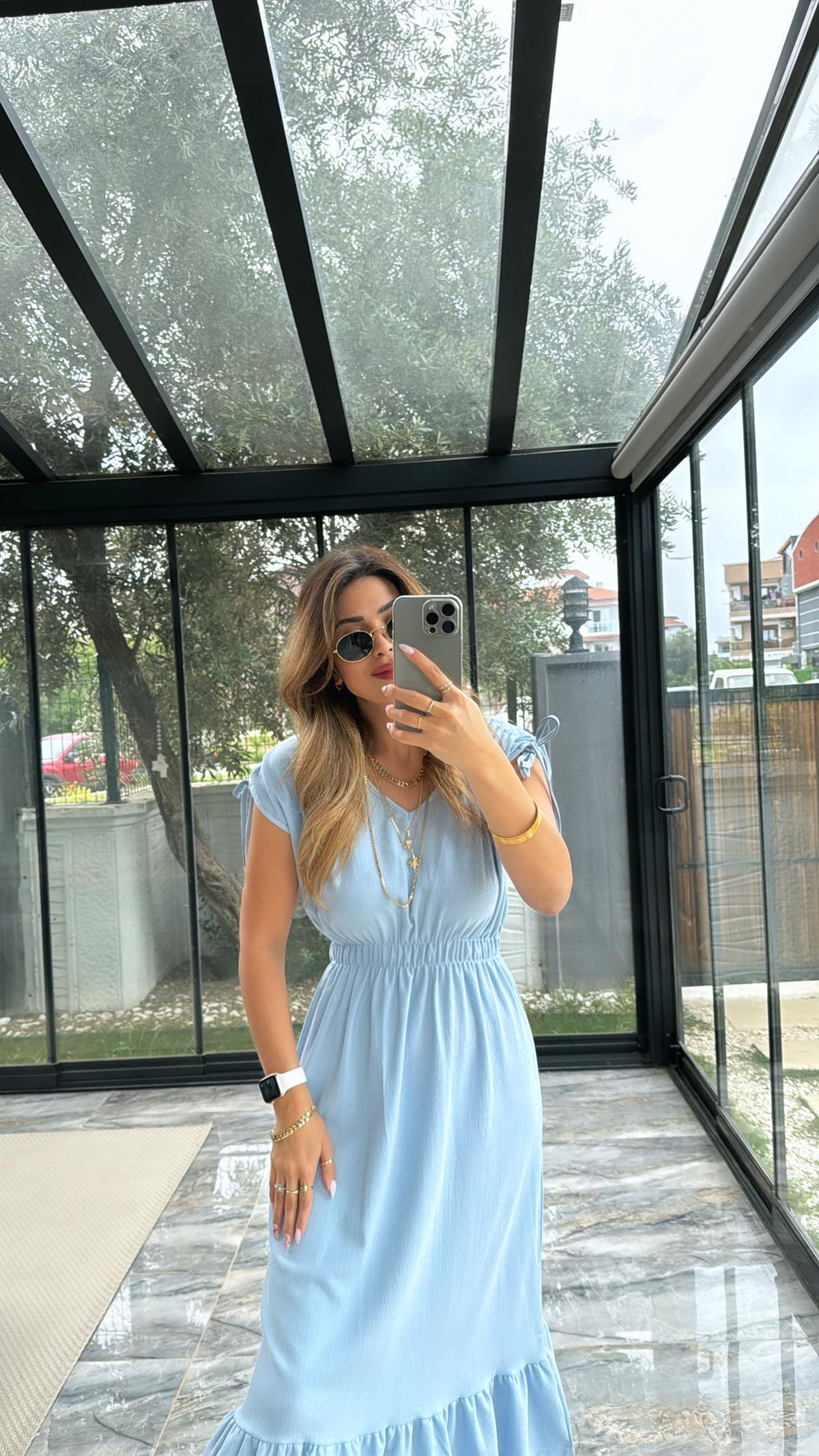 Bebe Mavi Omzu Büzgülü V Yaka Elbise
