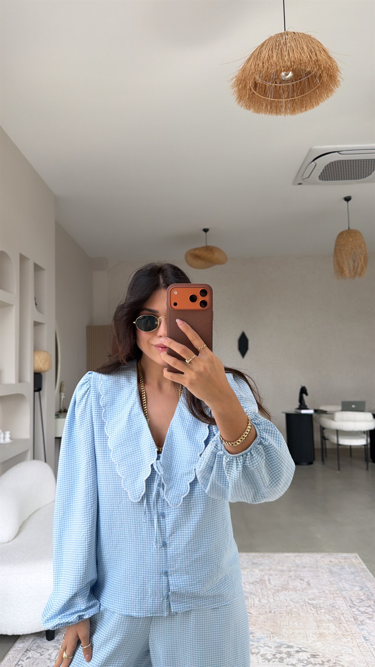 Bebe Mavi Pötikareli Romantik Pantolon Bluz Takım