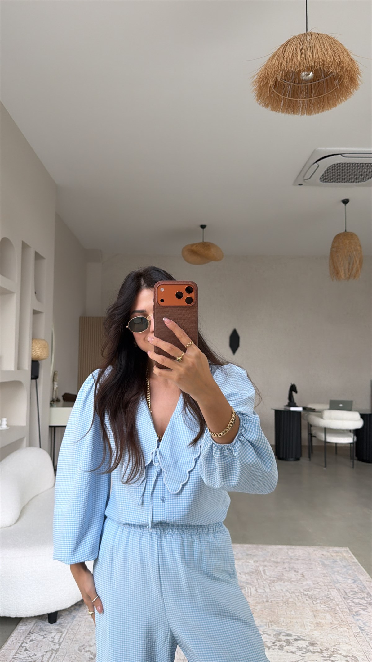 Bebe Mavi Pötikareli Romantik Pantolon Bluz Takım