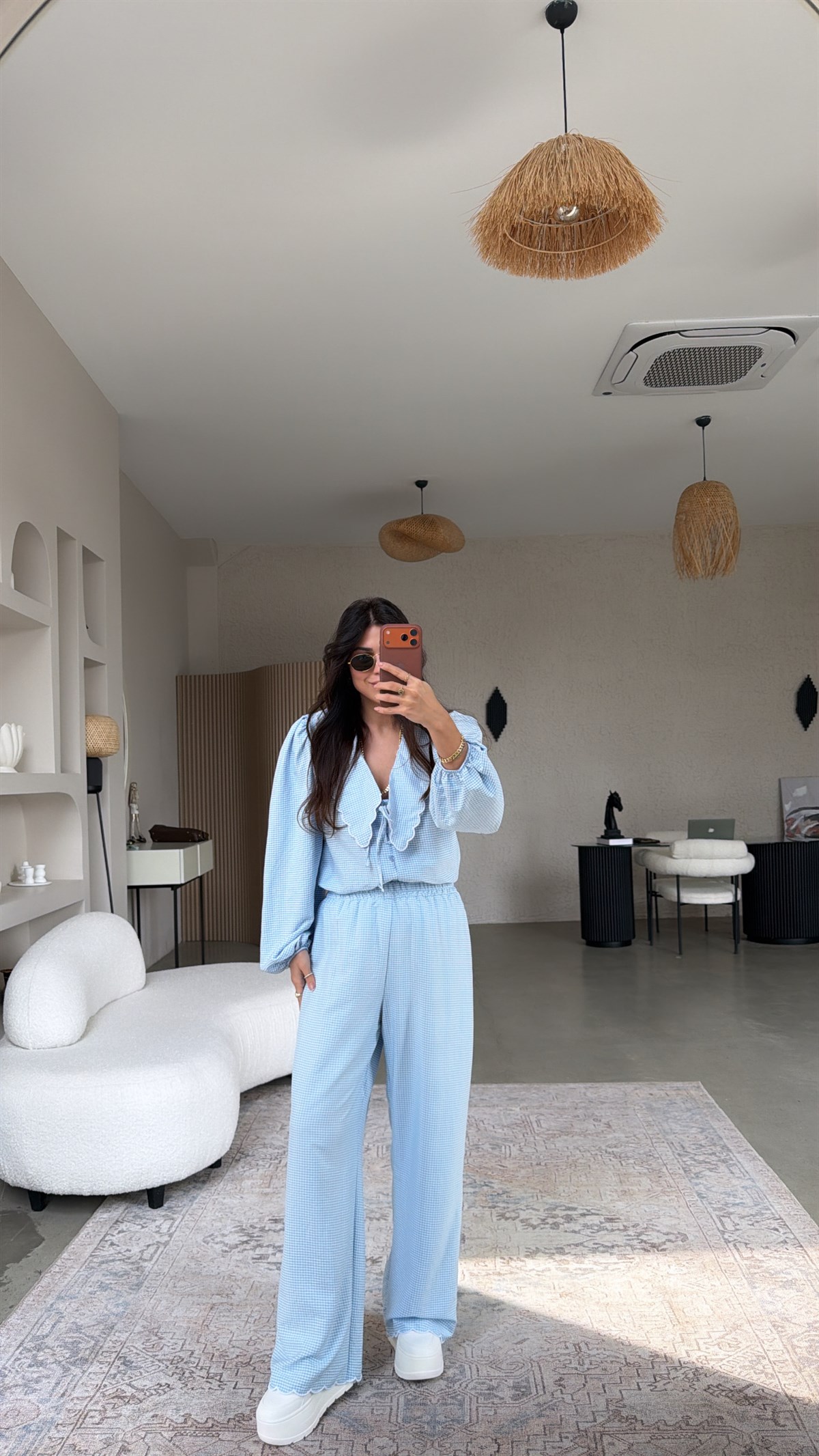 Bebe Mavi Pötikareli Romantik Pantolon Bluz Takım