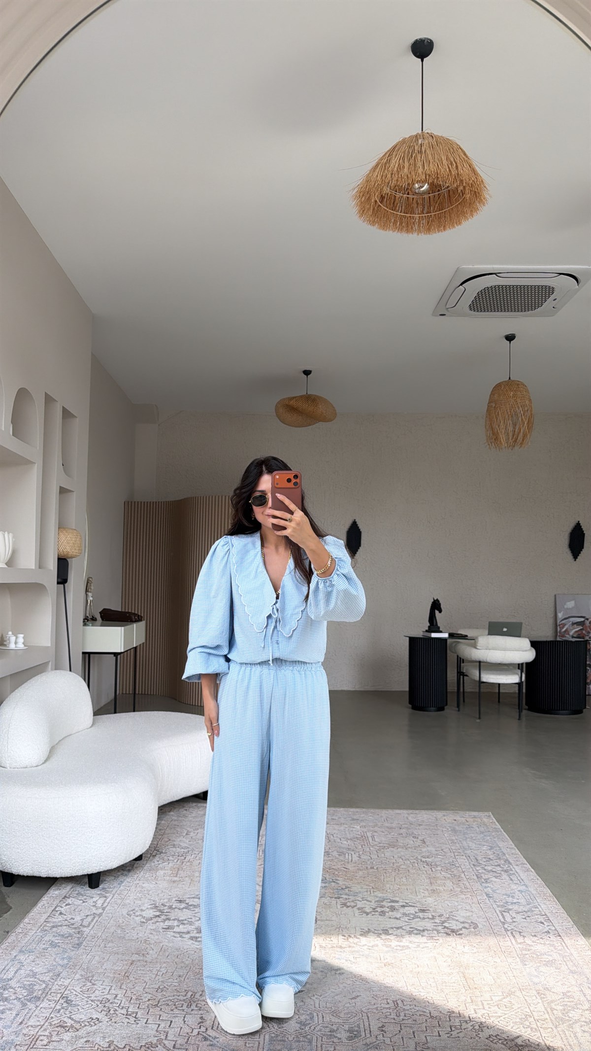 Bebe Mavi Pötikareli Romantik Pantolon Bluz Takım