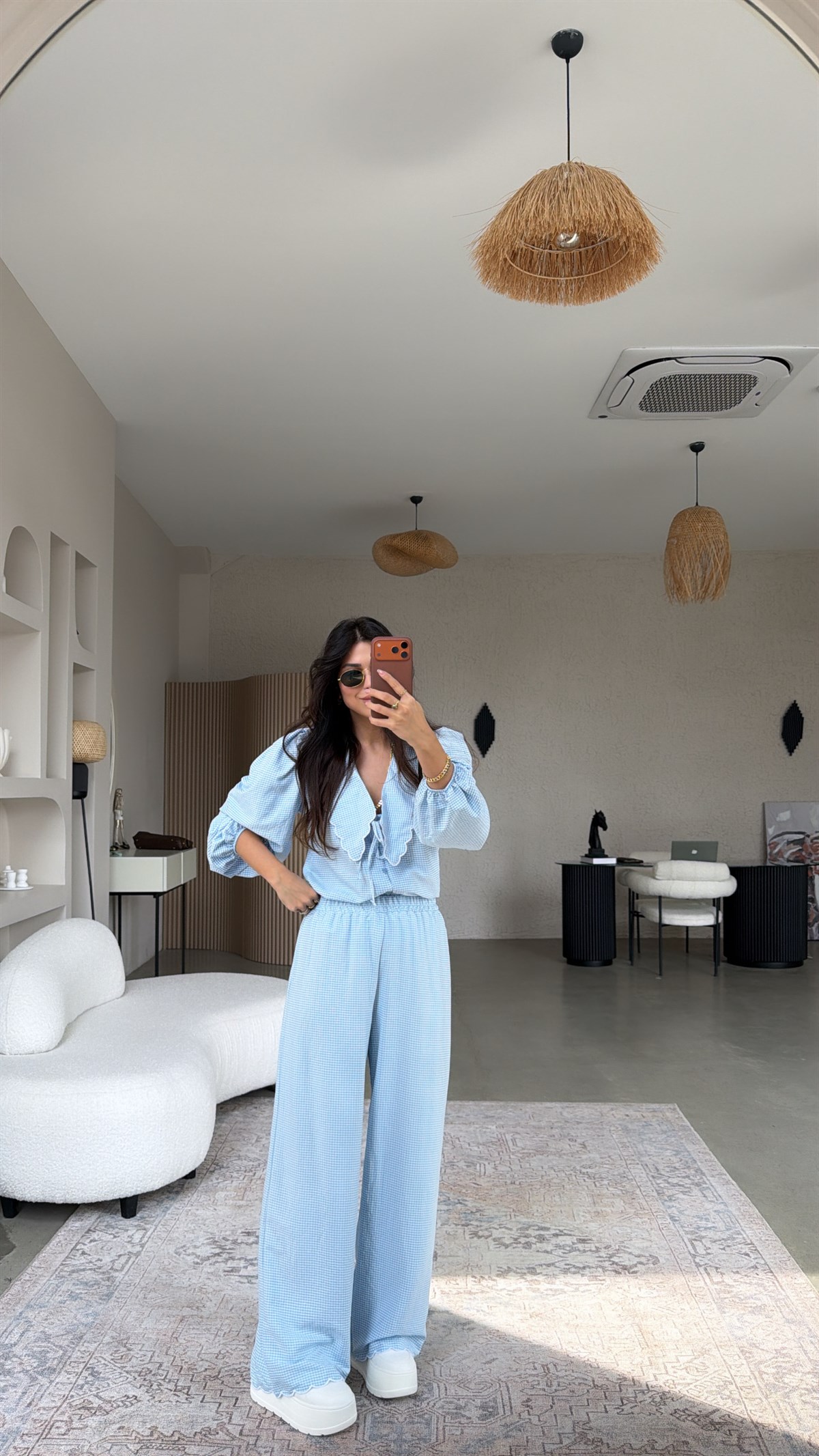 Bebe Mavi Pötikareli Romantik Pantolon Bluz Takım