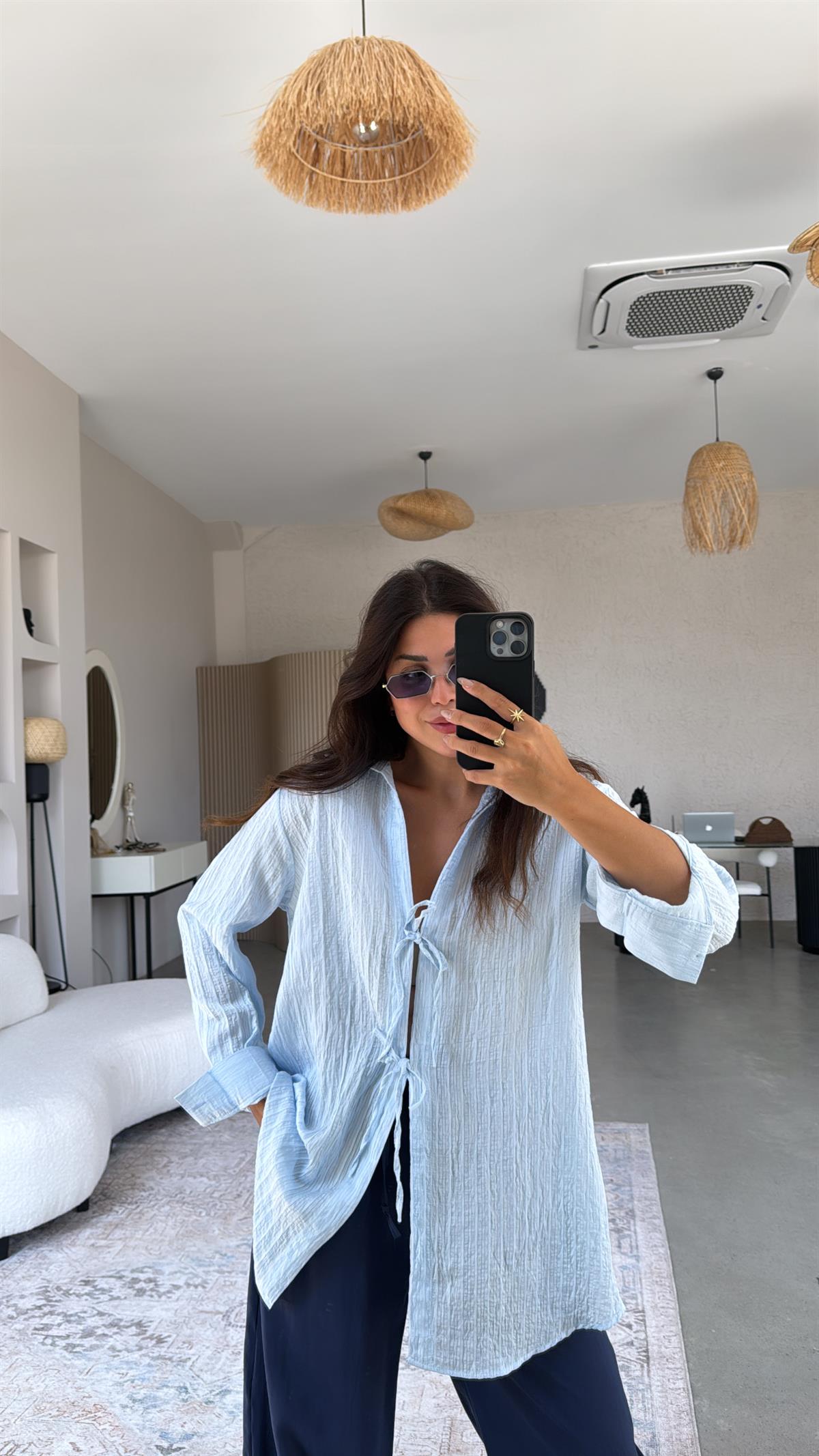 Bebe Mavi Premium Bağlamalı Gömlek Bluz