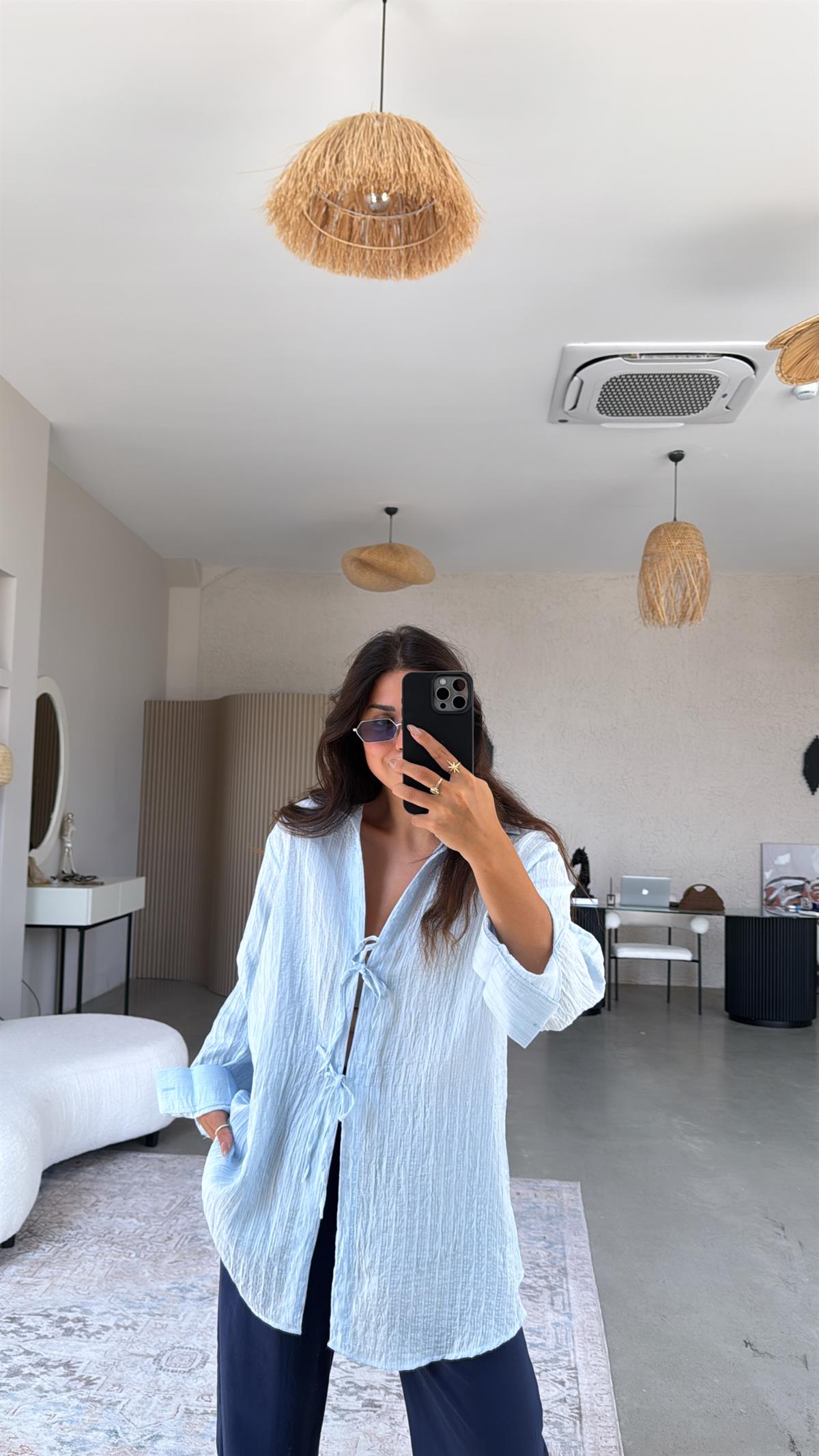 Bebe Mavi Premium Bağlamalı Gömlek Bluz