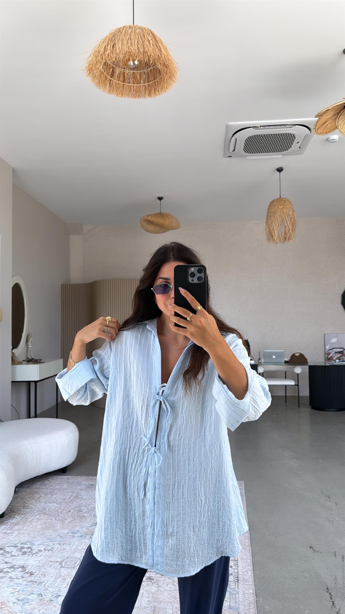 Bebe Mavi Premium Bağlamalı Gömlek Bluz