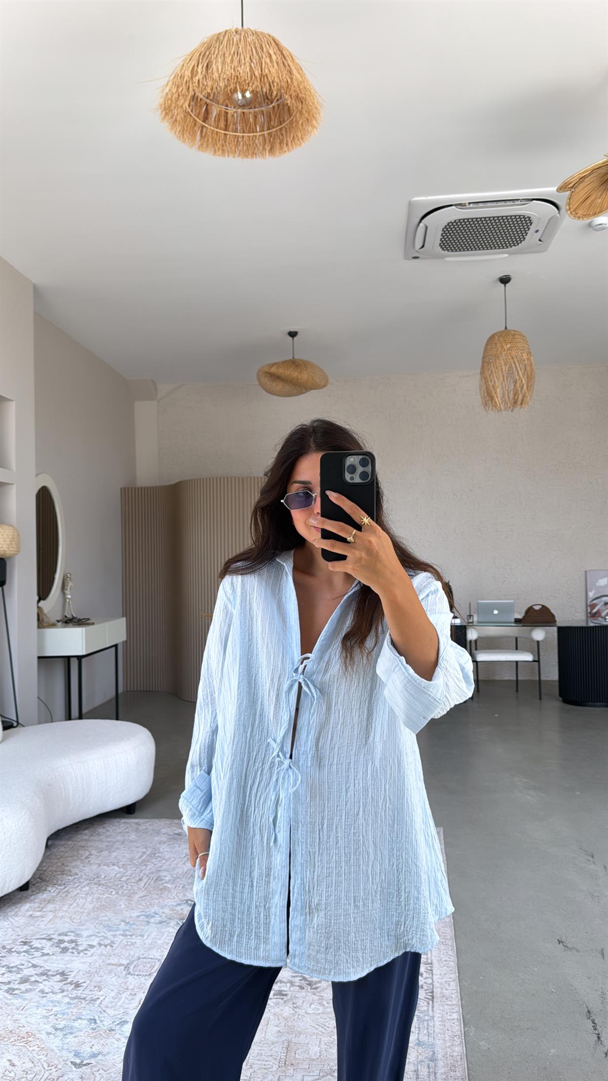 Bebe Mavi Premium Bağlamalı Gömlek Bluz