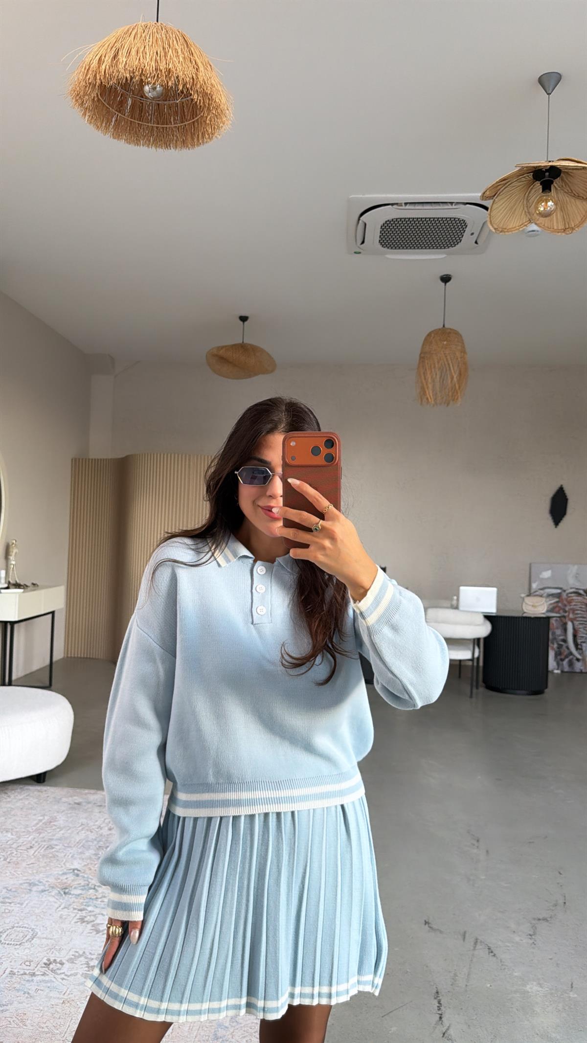 Bebe Mavi Şeritli Triko Etek Polo Yaka Takım