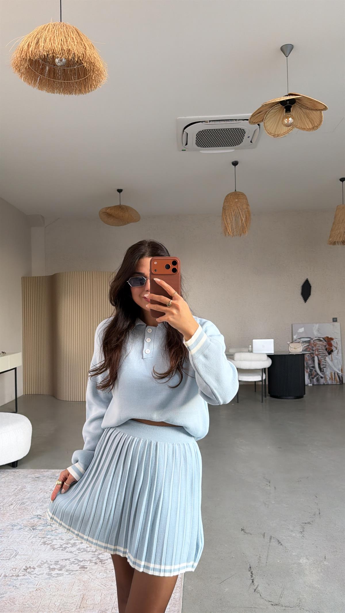 Bebe Mavi Şeritli Triko Etek Polo Yaka Takım