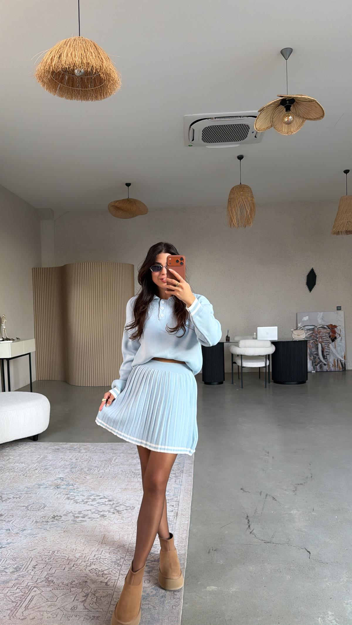 Bebe Mavi Şeritli Triko Etek Polo Yaka Takım