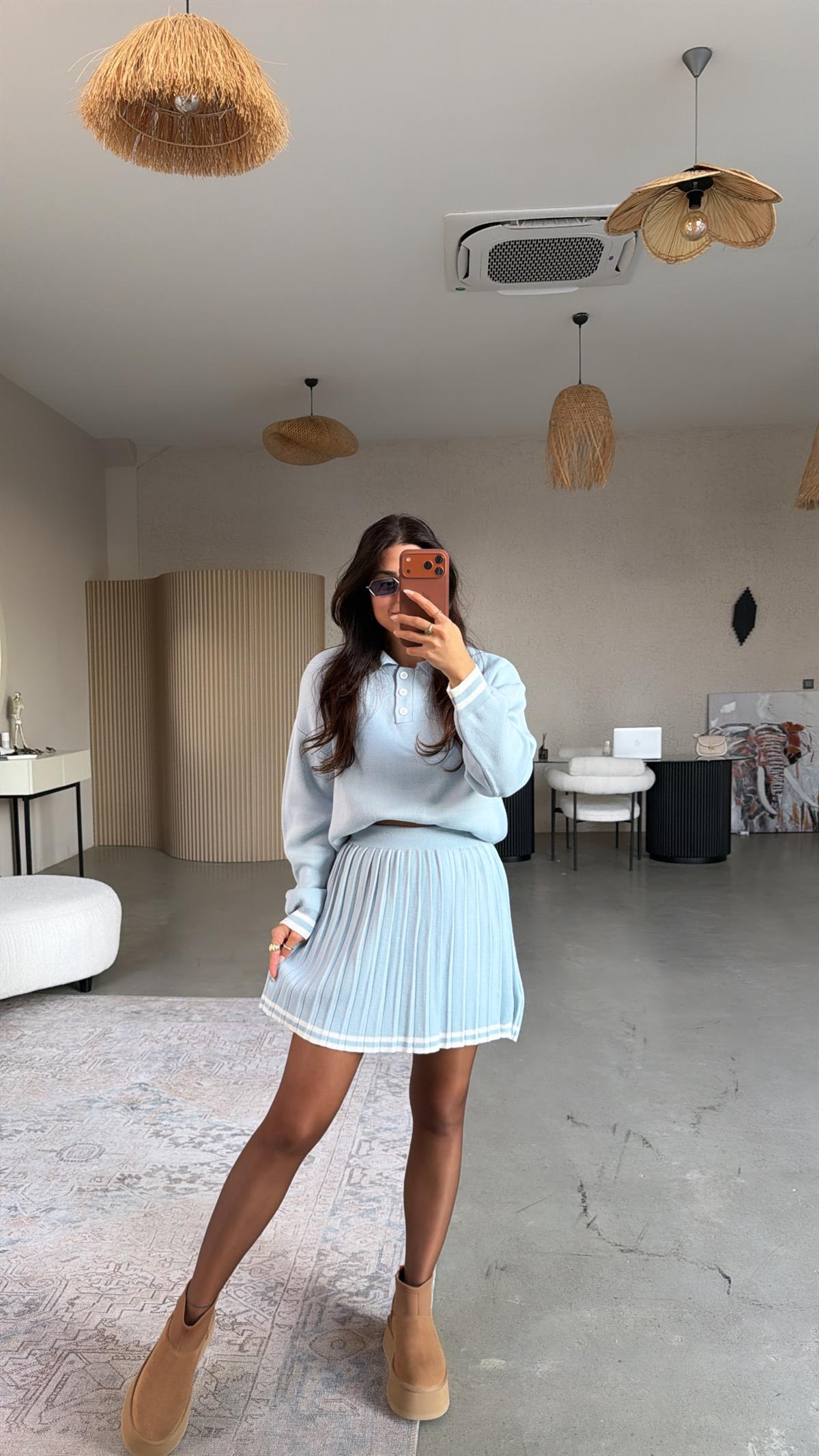 Bebe Mavi Şeritli Triko Etek Polo Yaka Takım