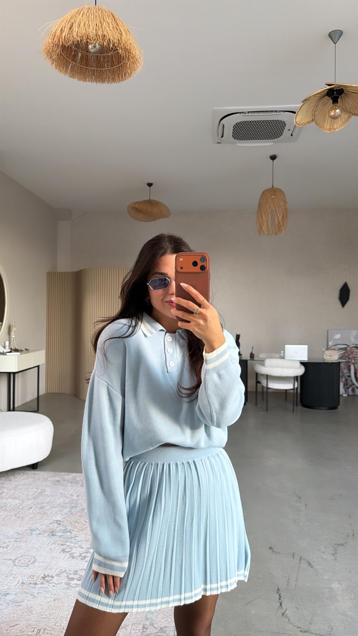 Bebe Mavi Şeritli Triko Etek Polo Yaka Takım