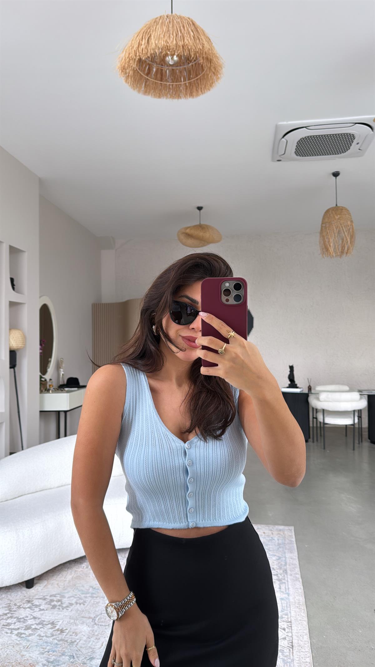 Bebe Mavi V Yaka Düğmeli Triko Atlet