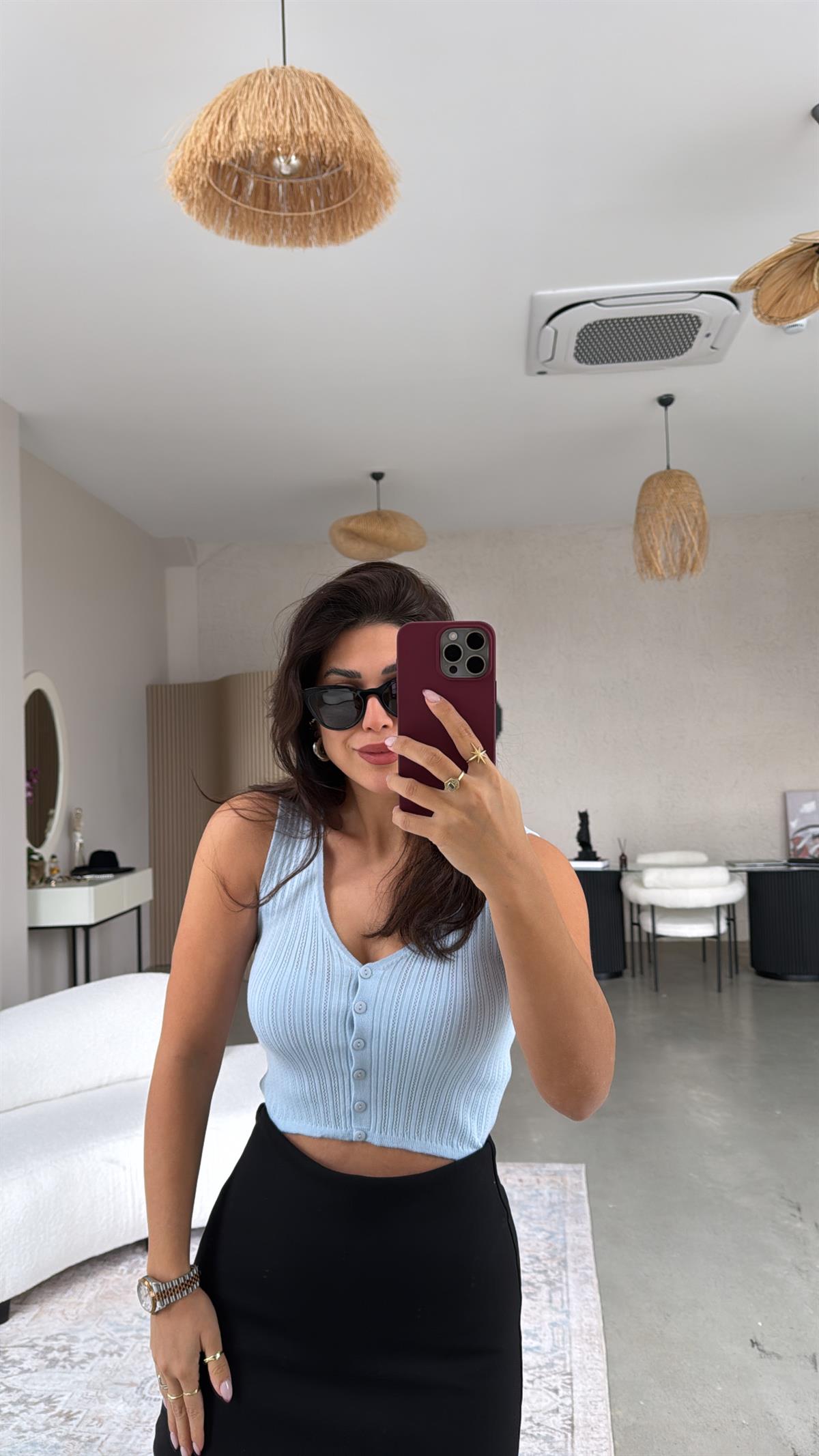 Bebe Mavi V Yaka Düğmeli Triko Atlet