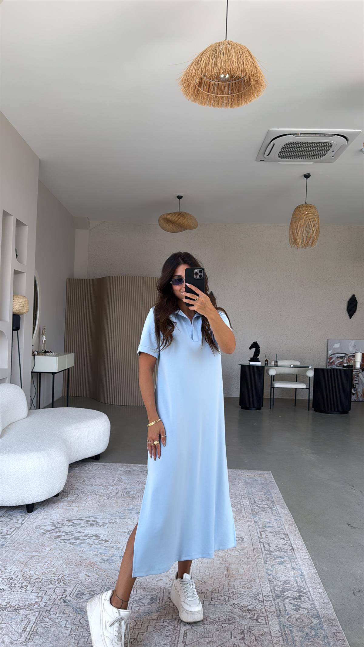 Bebe Mavi Yakalı Uzun Modal Elbise