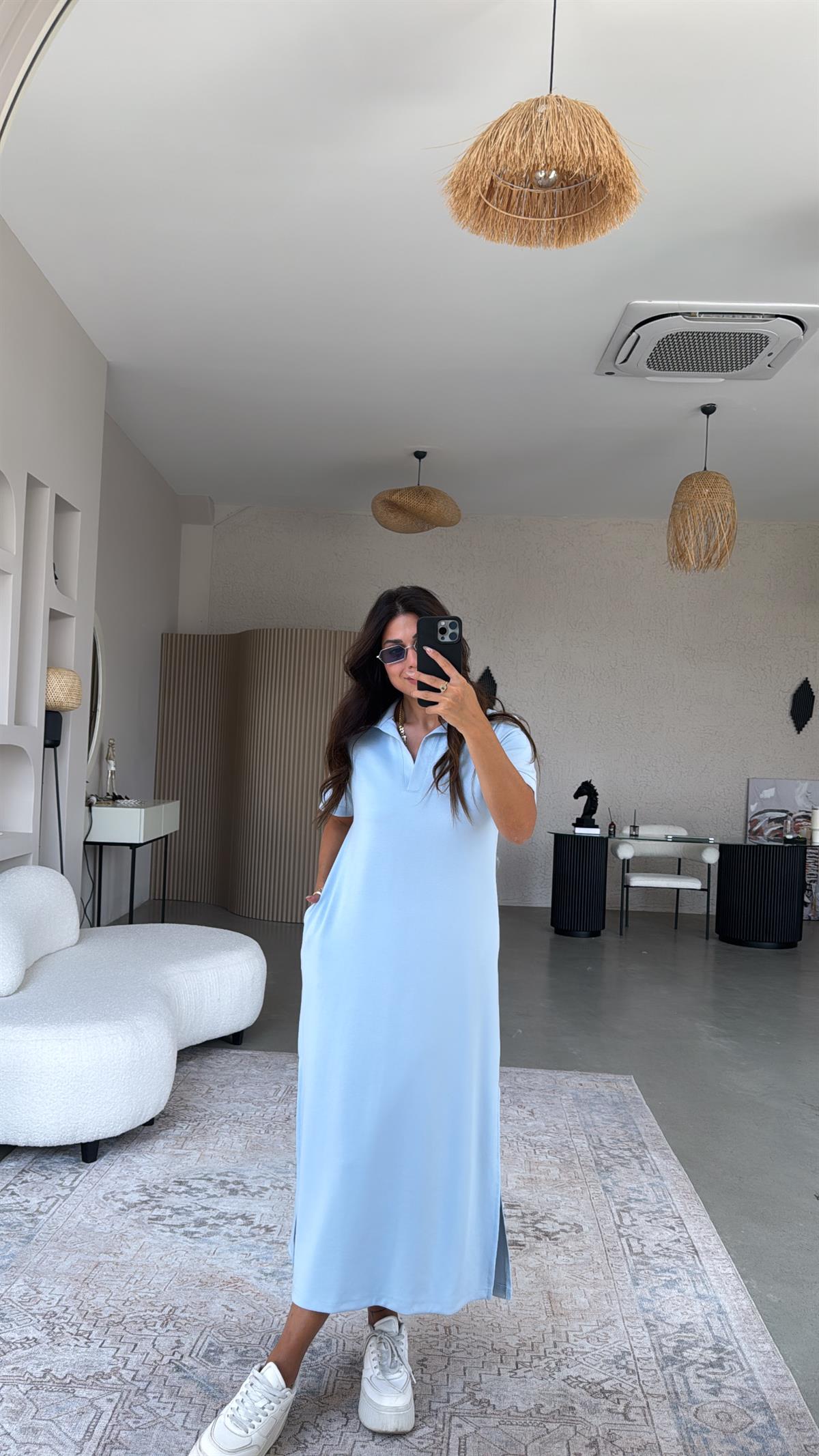 Bebe Mavi Yakalı Uzun Modal Elbise