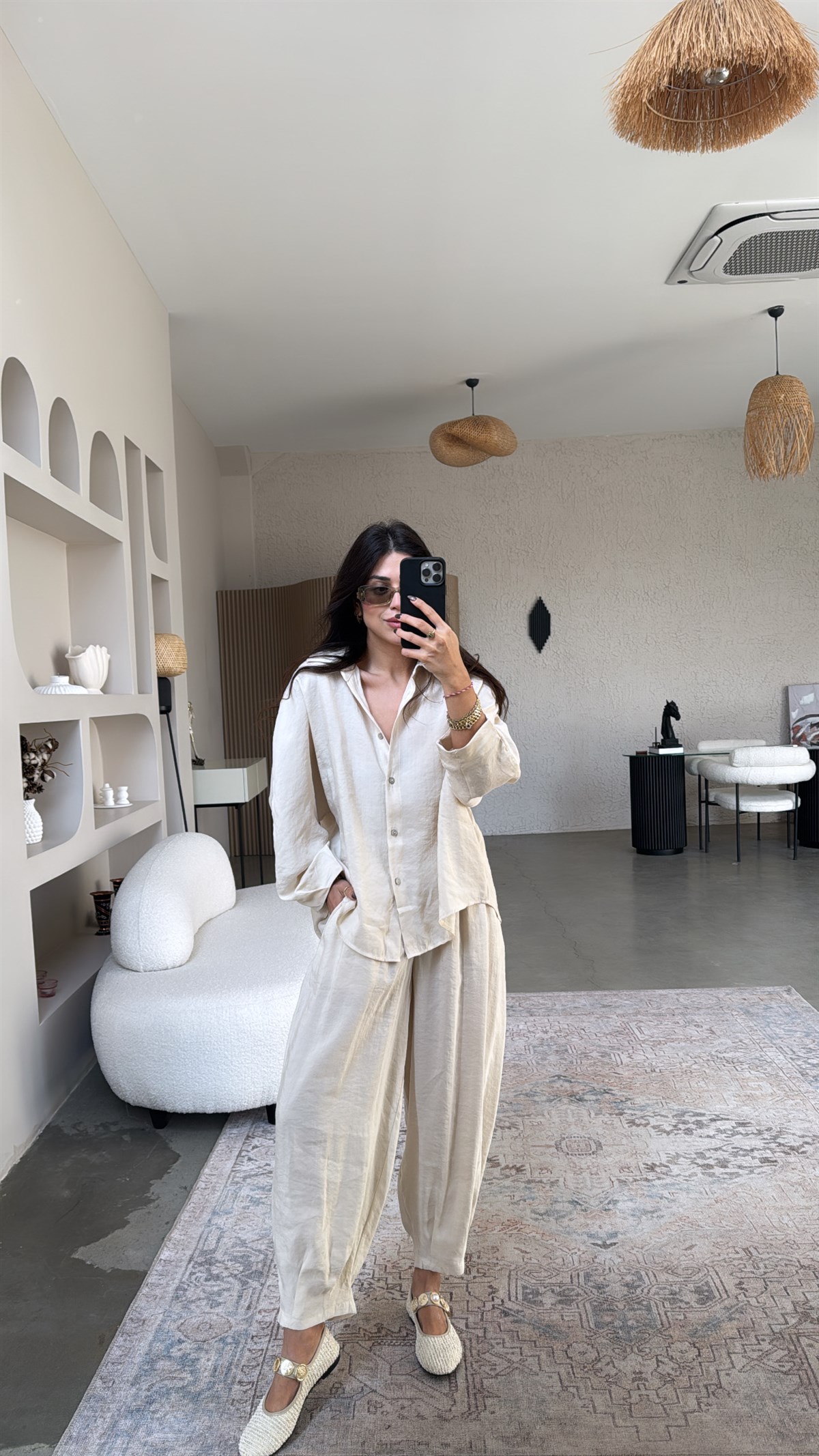 Bej Baggy Pantolon Gömlek Tensel Takım