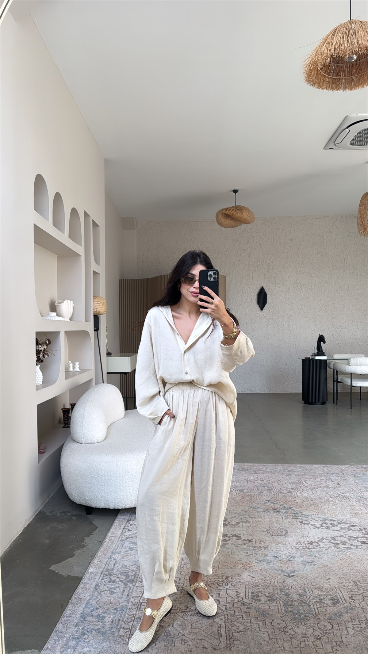 Bej Baggy Pantolon Gömlek Tensel Takım