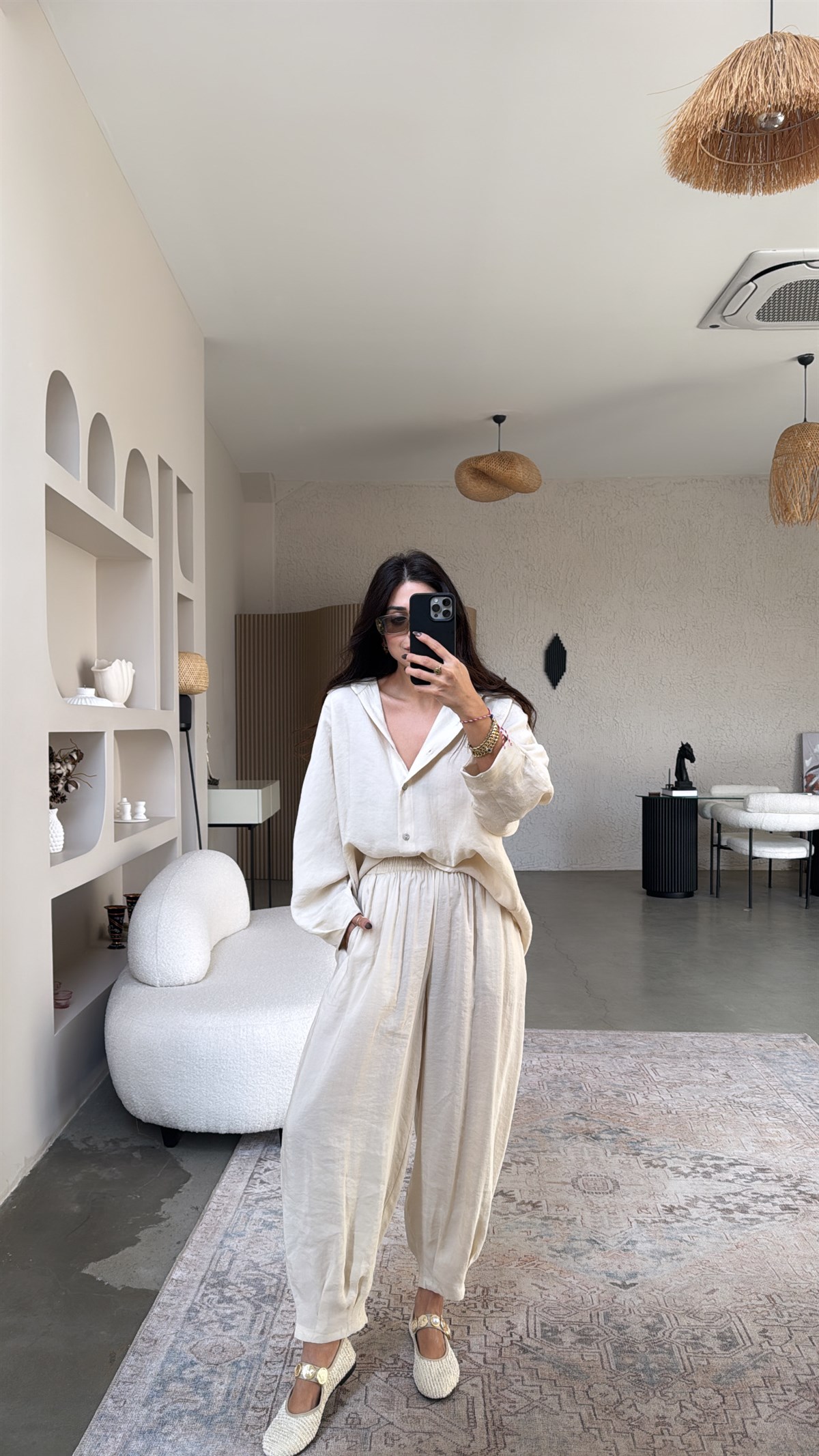 Bej Baggy Pantolon Gömlek Tensel Takım