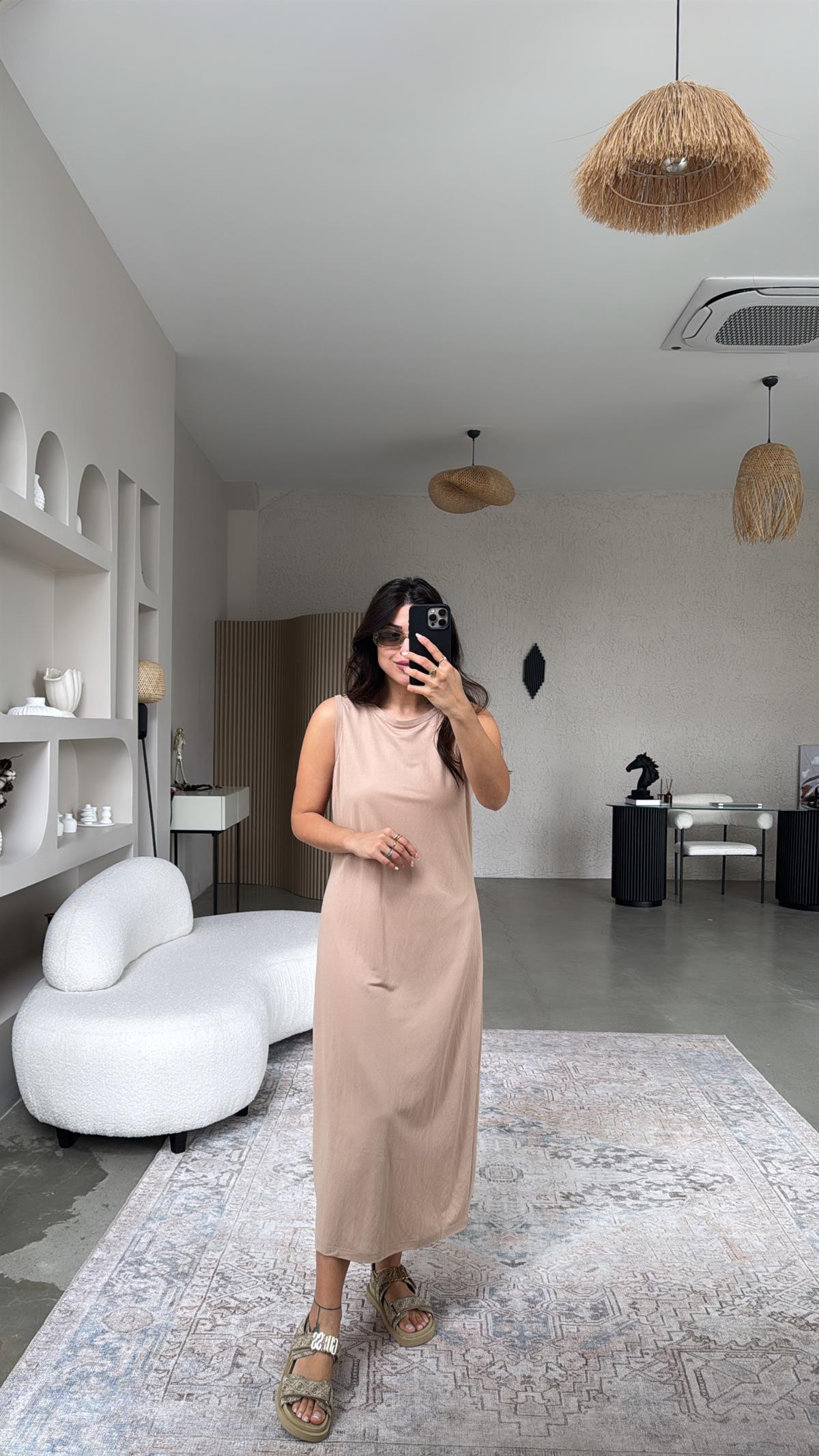 Bej Basic Midi Elbise