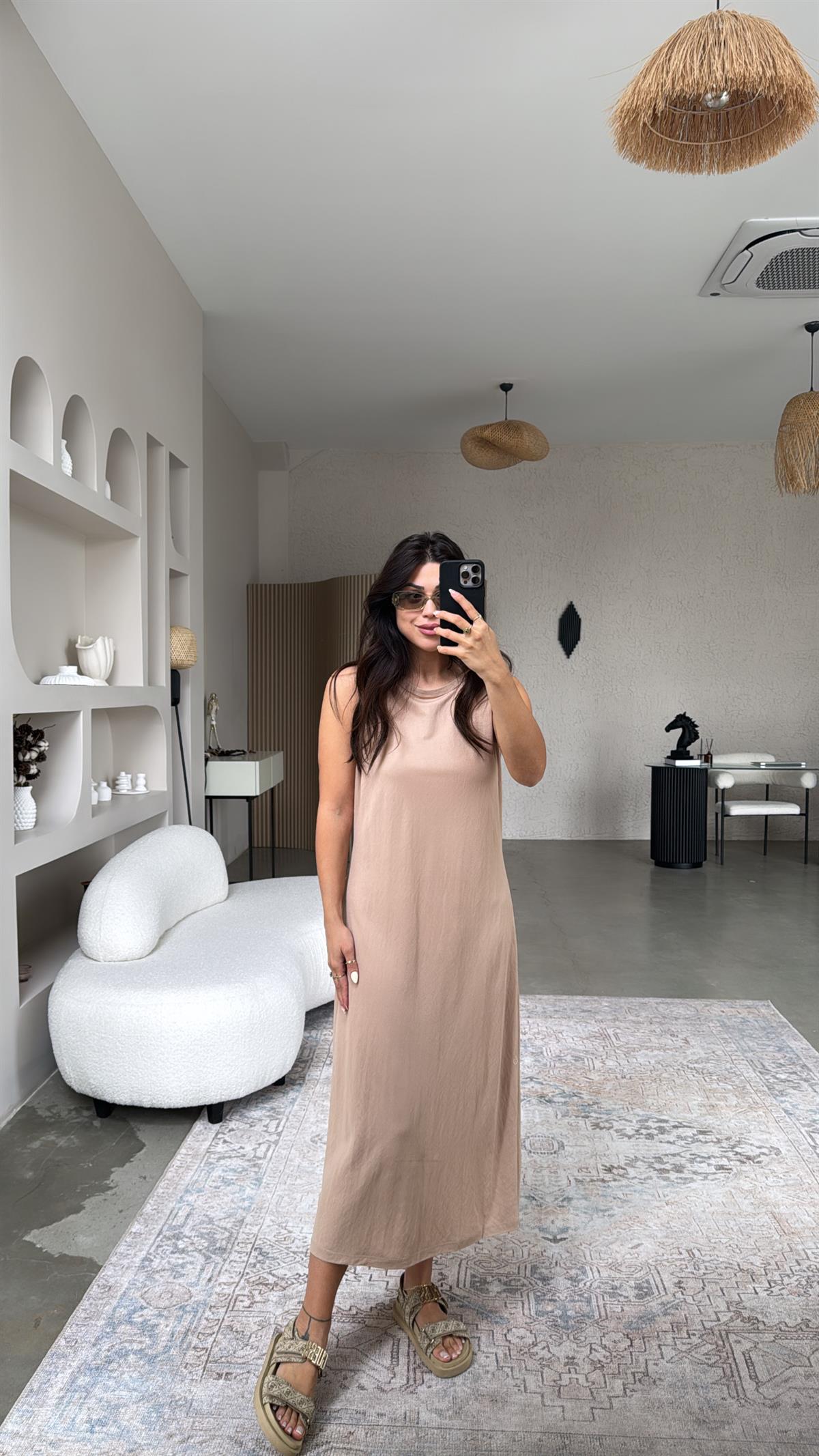 Bej Basic Midi Elbise