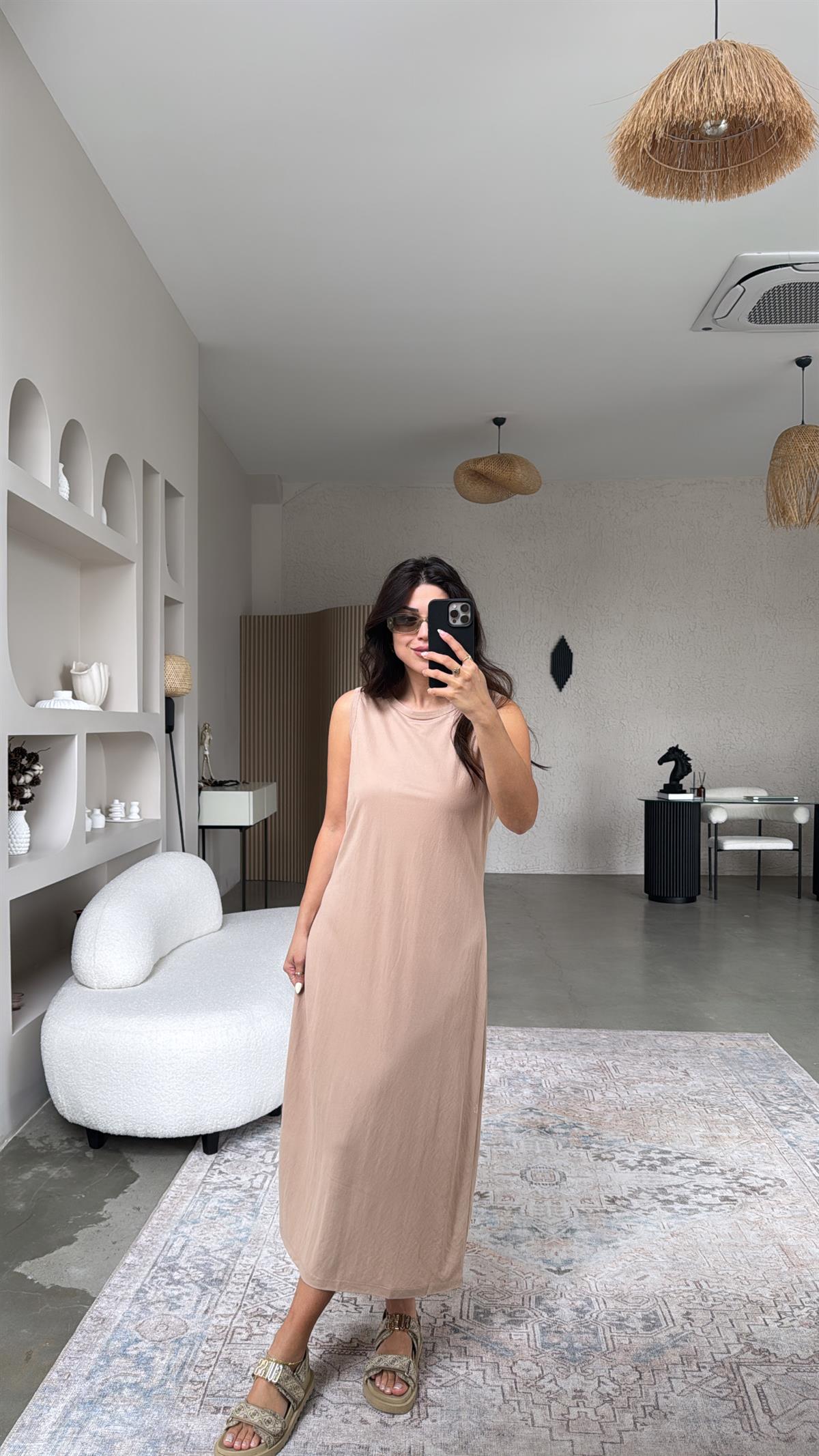 Bej Basic Midi Elbise