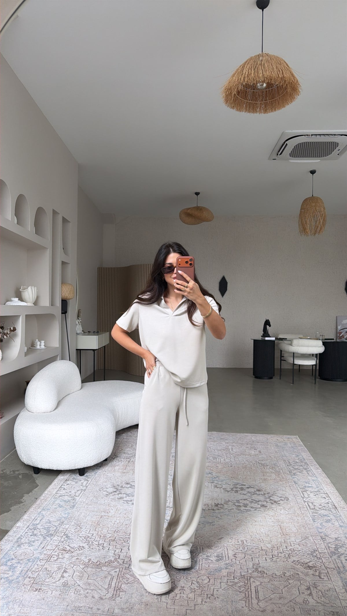 Bej Basic Modal Kumaş Yakalı Bol Paça Takım