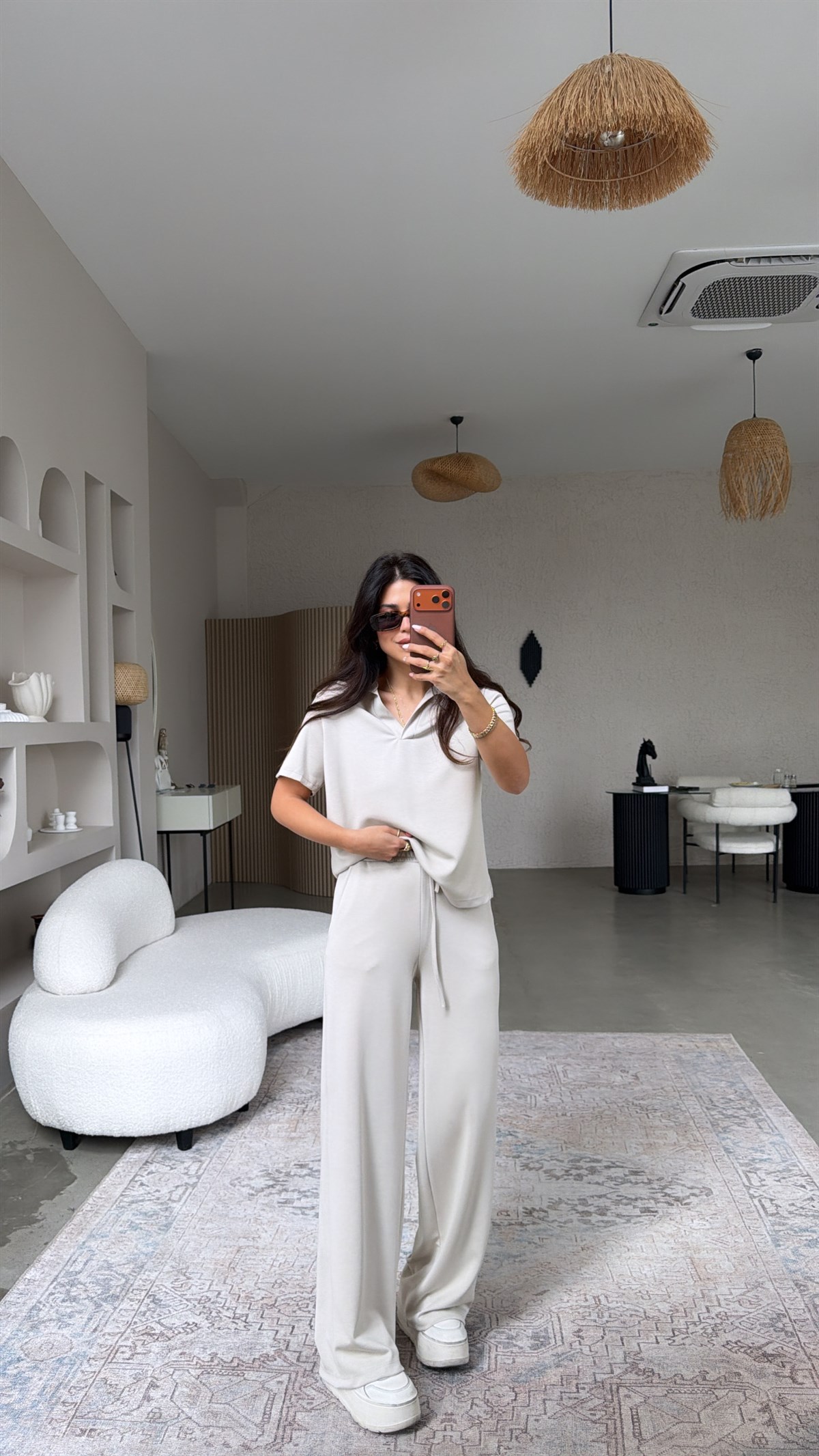 Bej Basic Modal Kumaş Yakalı Bol Paça Takım