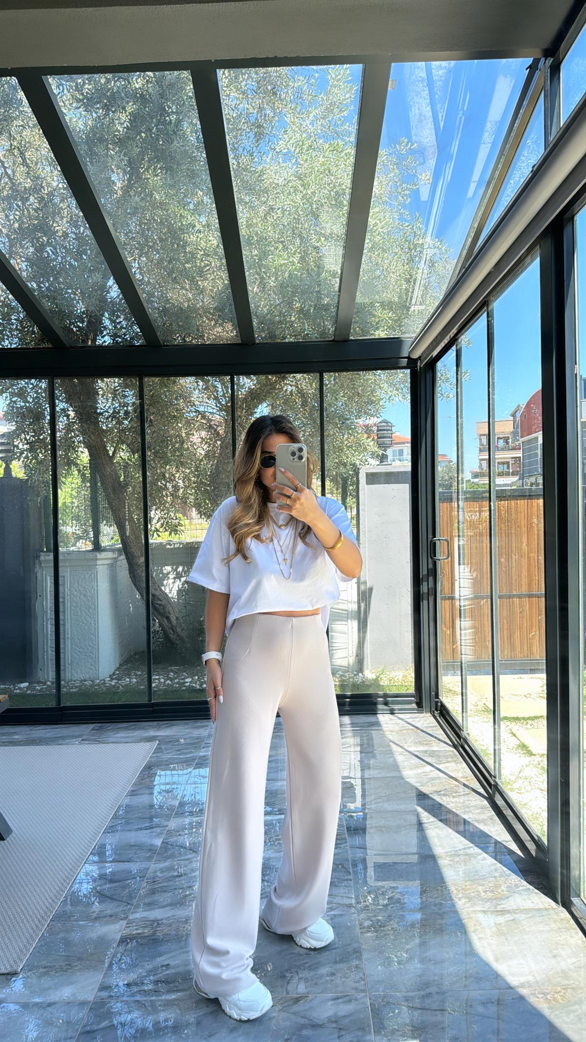 Bej Beli Gizli Lastik Kumaş Pantolon