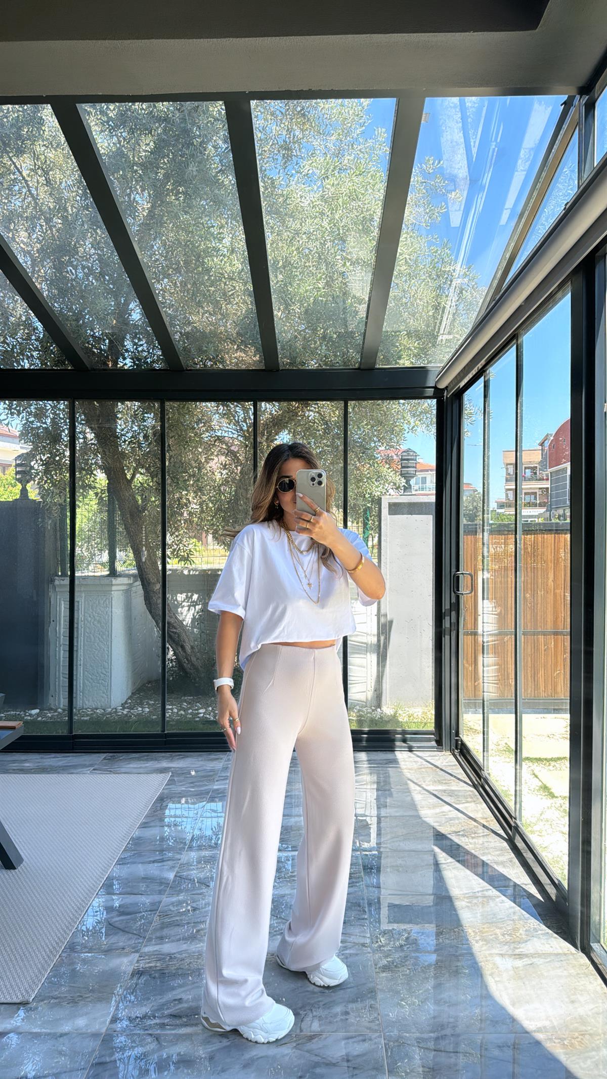 Bej Beli Gizli Lastik Kumaş Pantolon