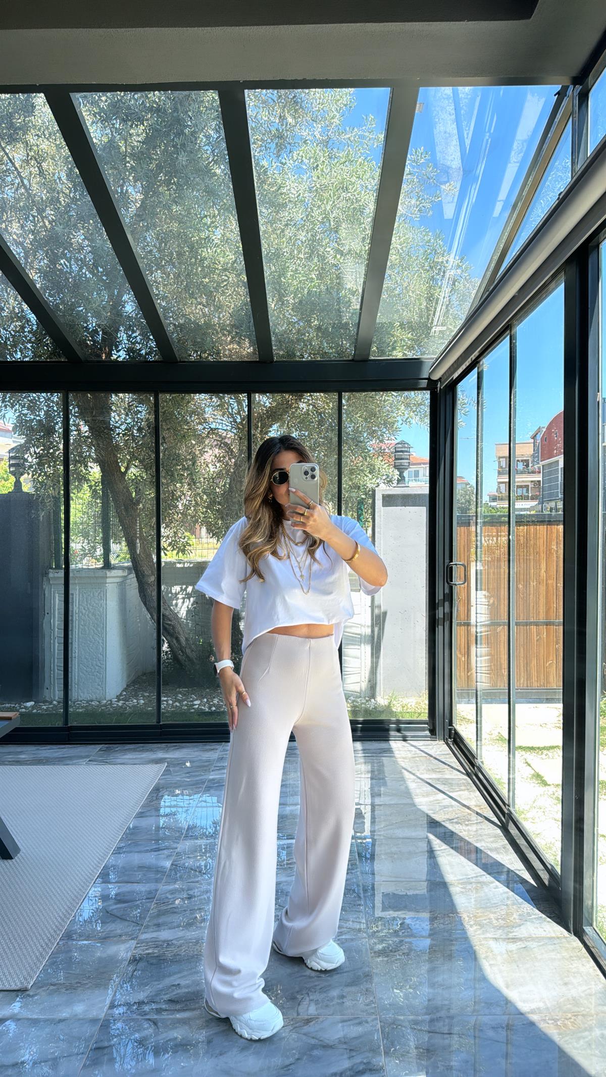 Bej Beli Gizli Lastik Kumaş Pantolon