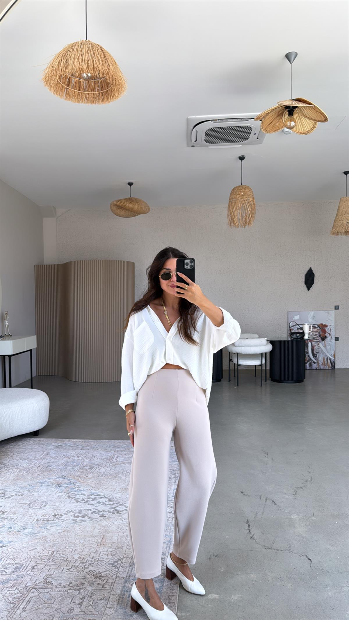 Bej Beli Lastikli Balon Kumaş Pantolon