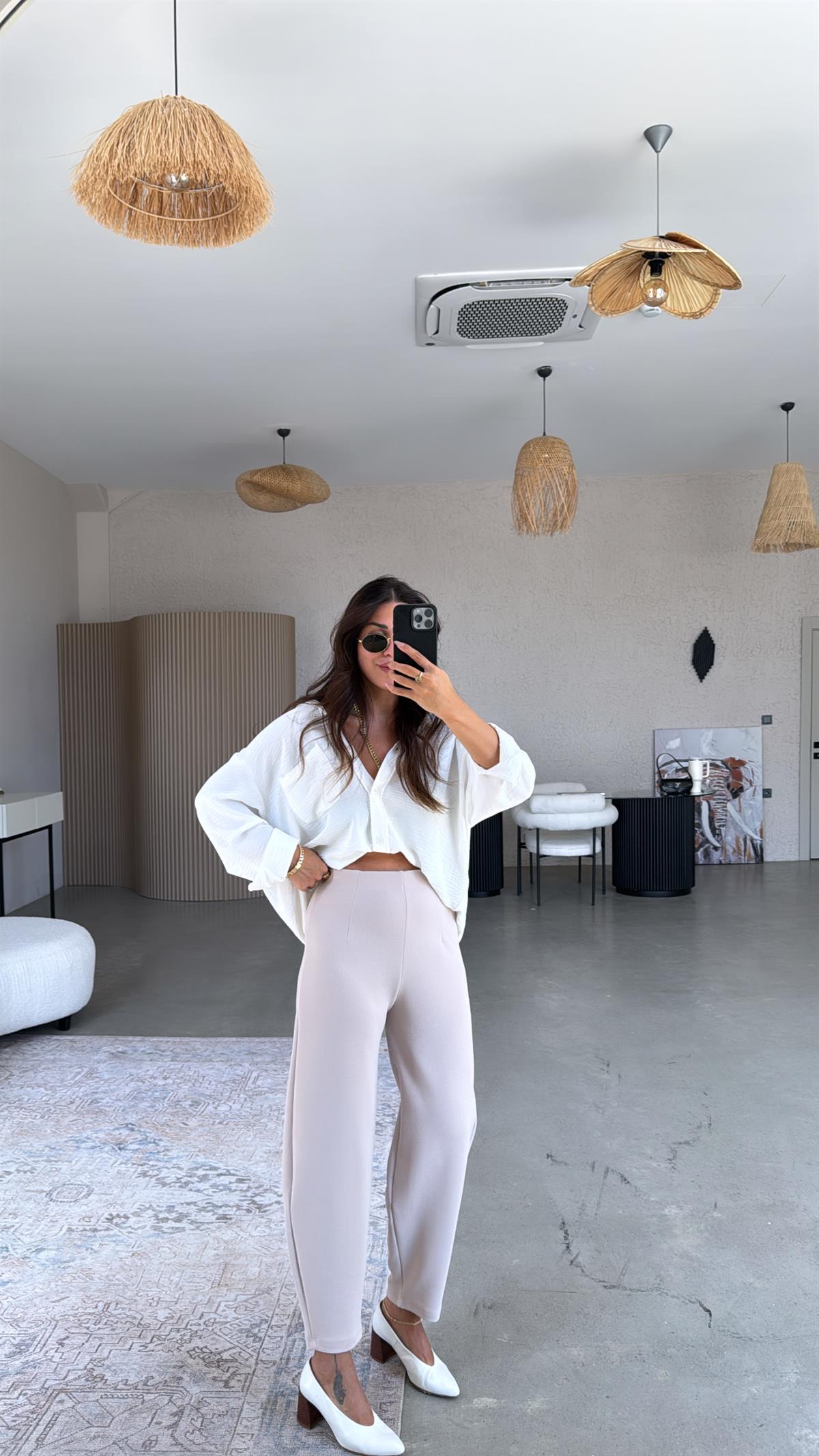 Bej Beli Lastikli Balon Kumaş Pantolon