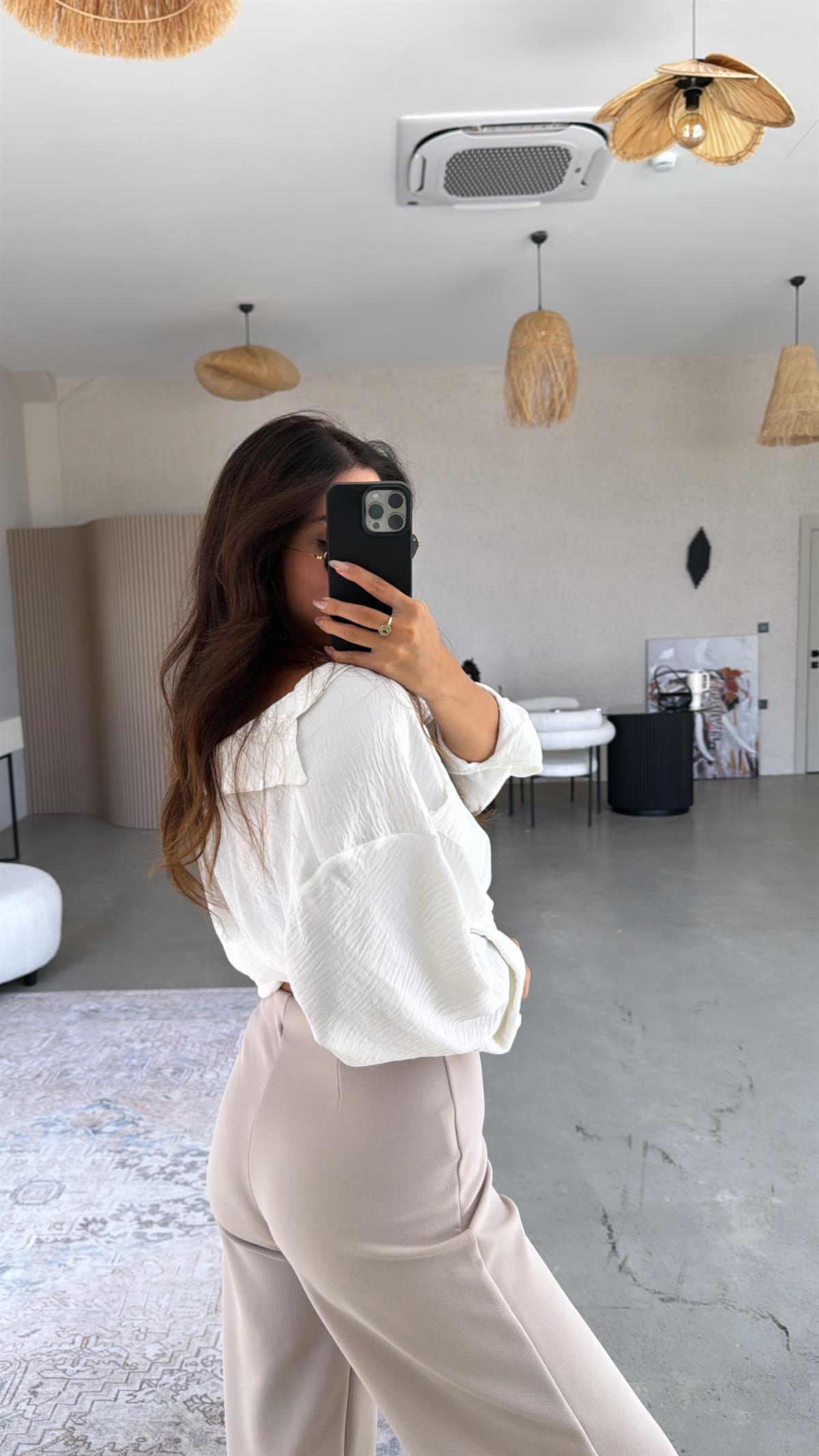 Bej Beli Lastikli Balon Kumaş Pantolon