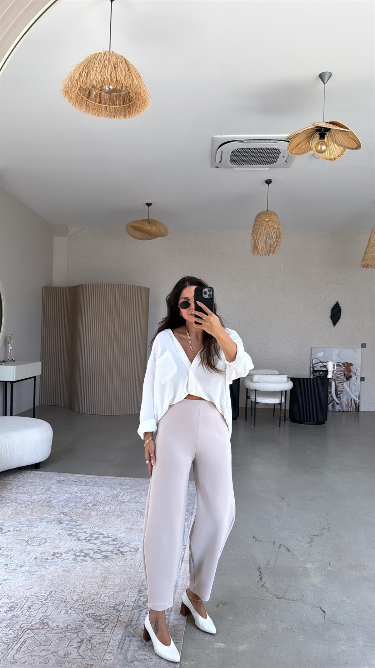 Bej Beli Lastikli Balon Kumaş Pantolon