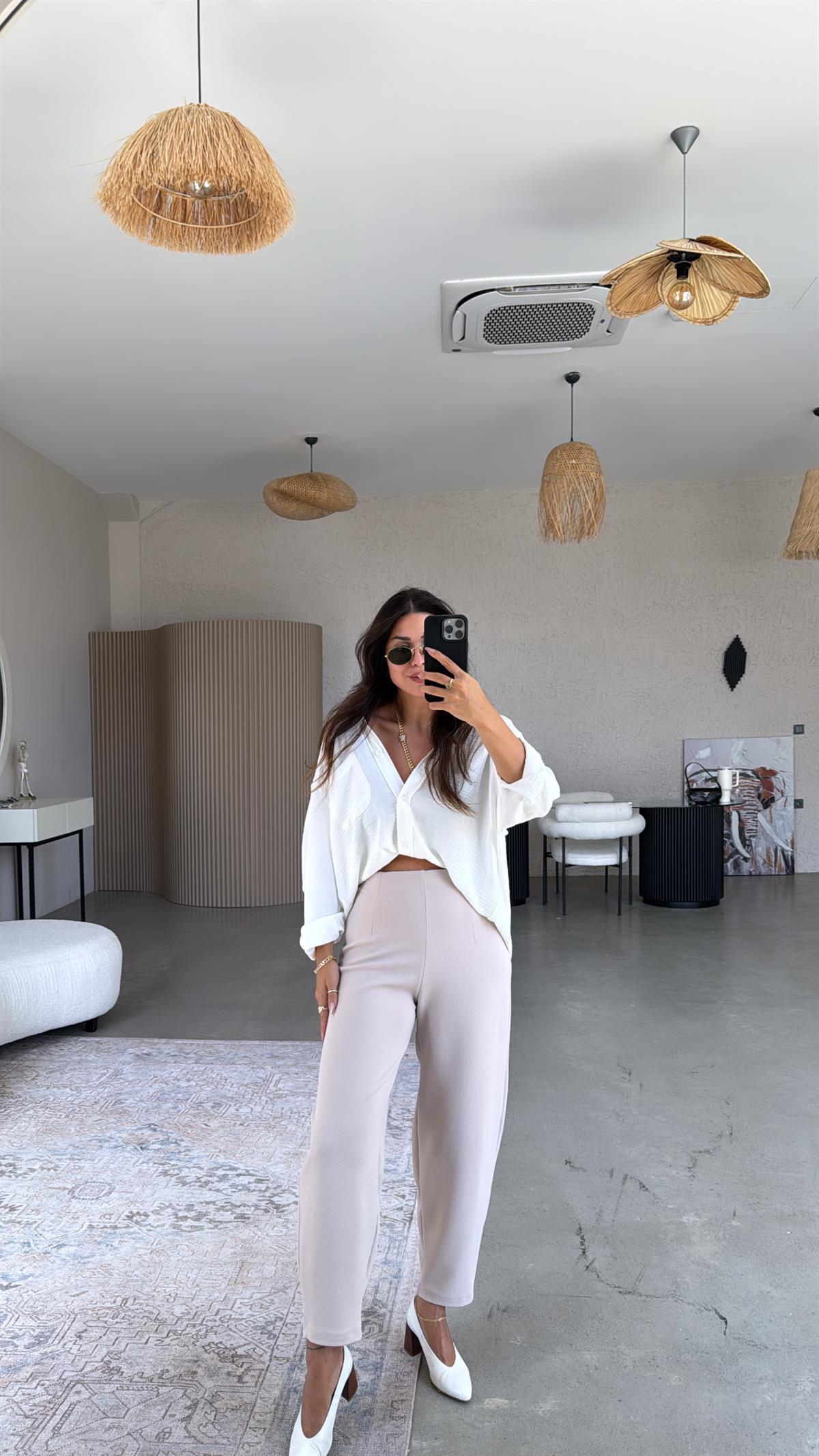 Bej Beli Lastikli Balon Kumaş Pantolon