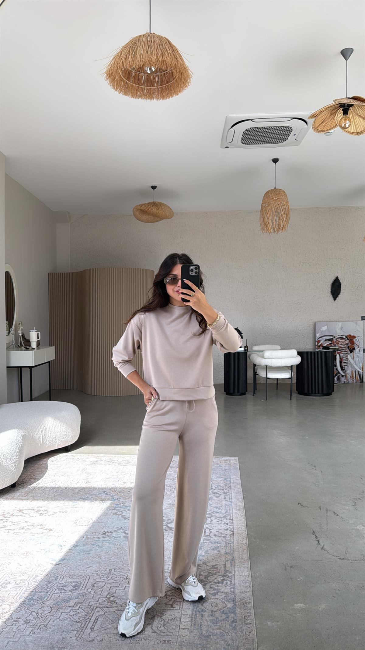 Bej Bilek Boy Eşofman Sweat Takım