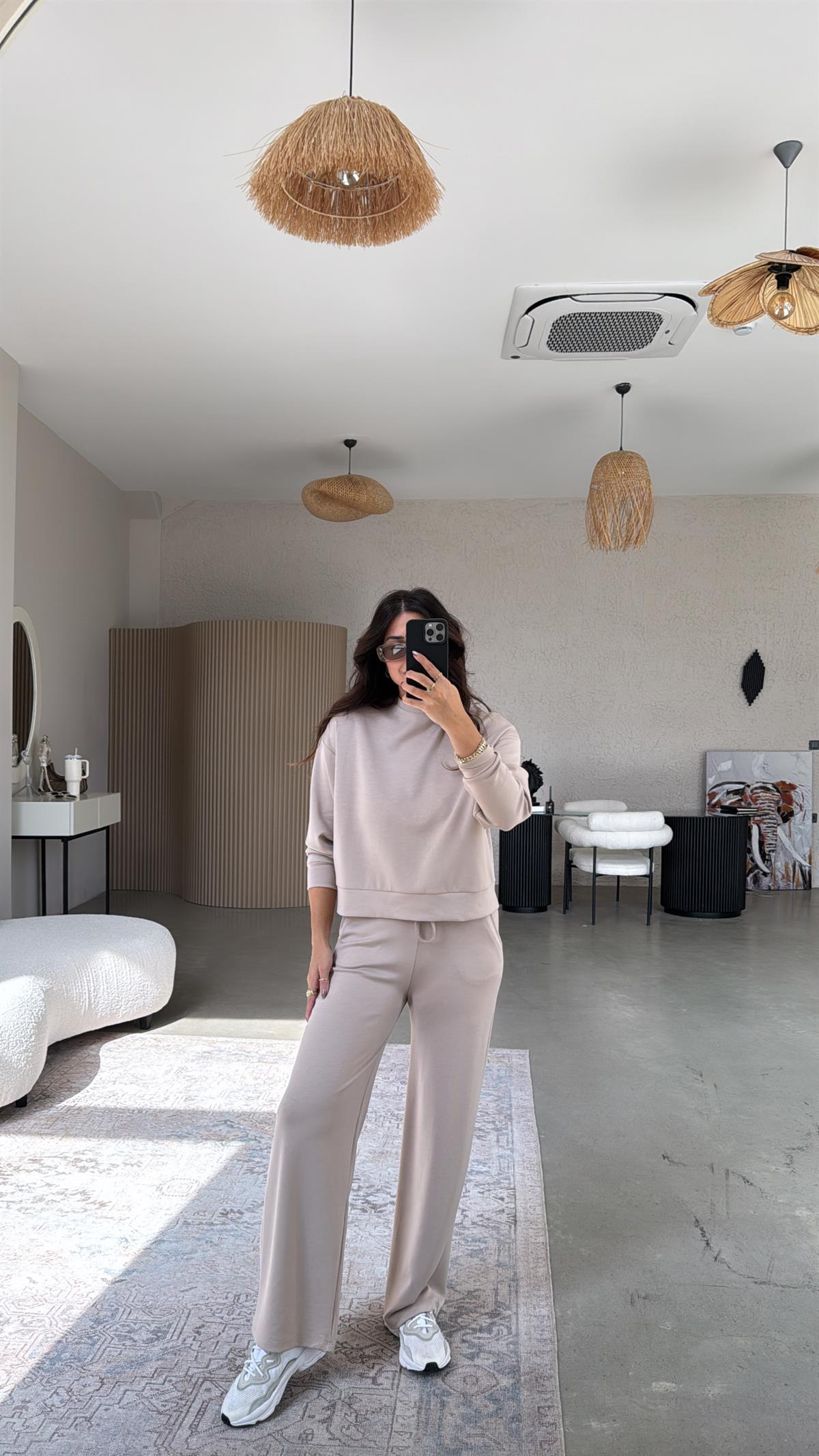 Bej Bilek Boy Eşofman Sweat Takım