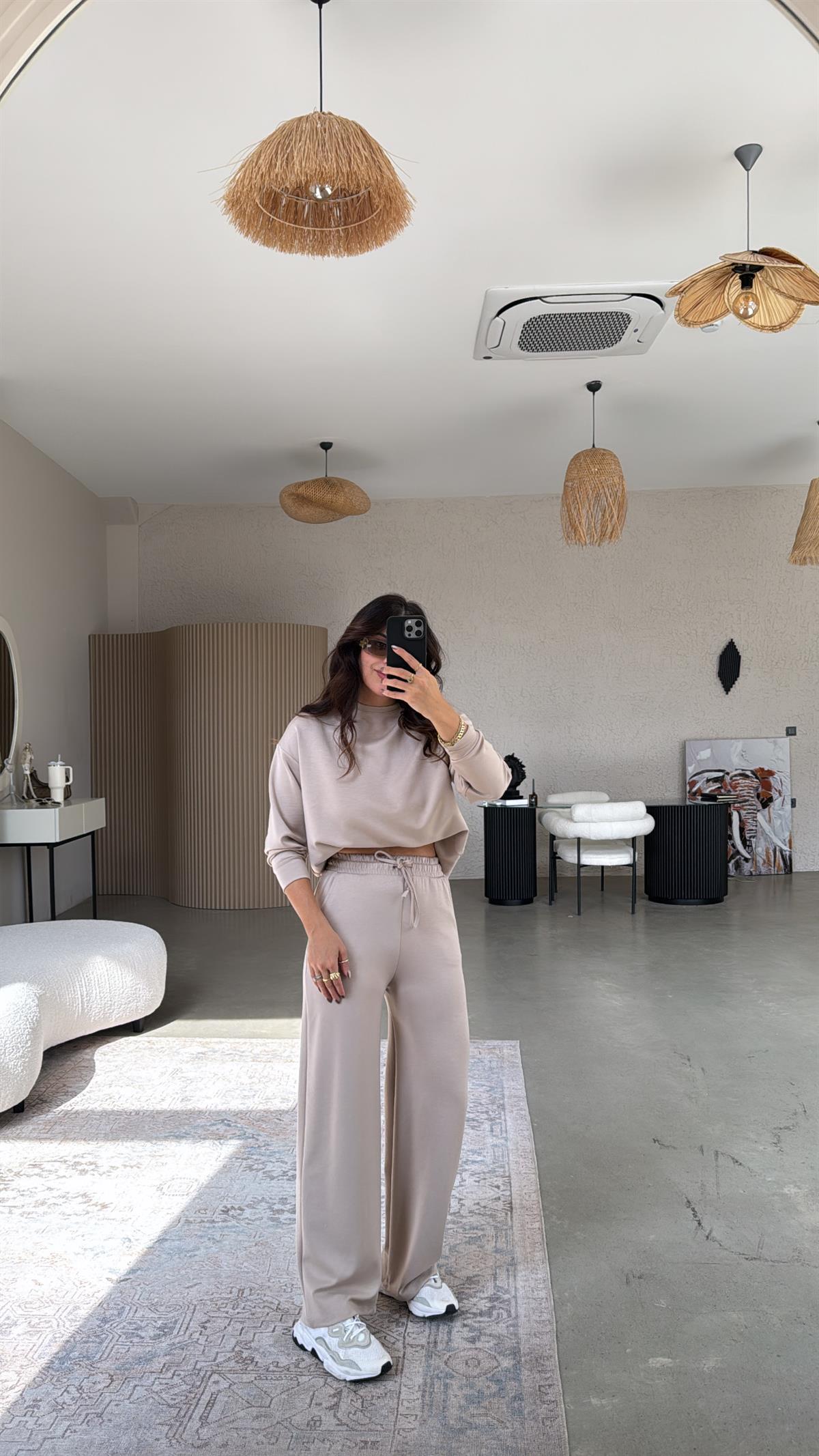 Bej Bilek Boy Eşofman Sweat Takım