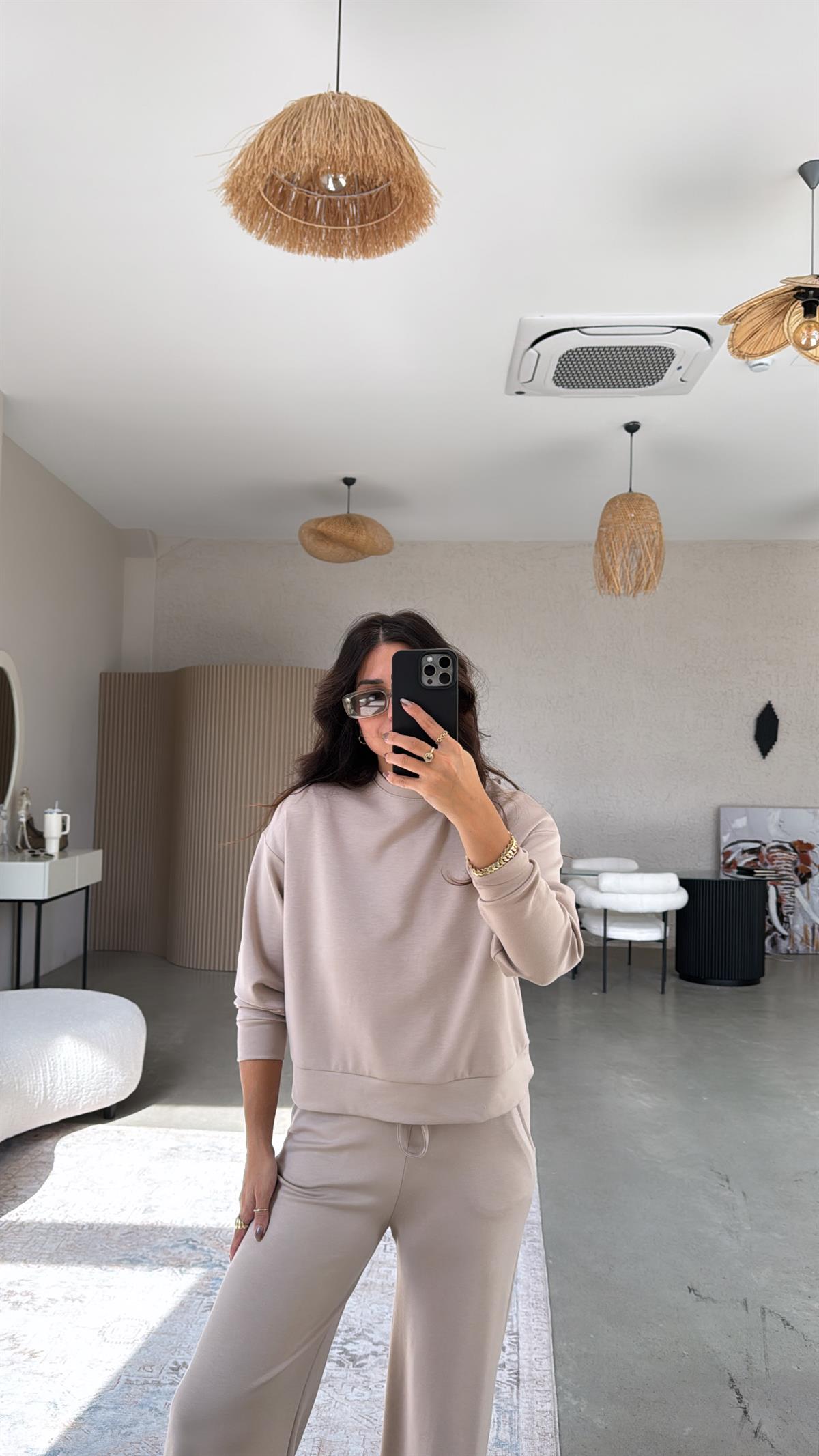 Bej Bilek Boy Eşofman Sweat Takım