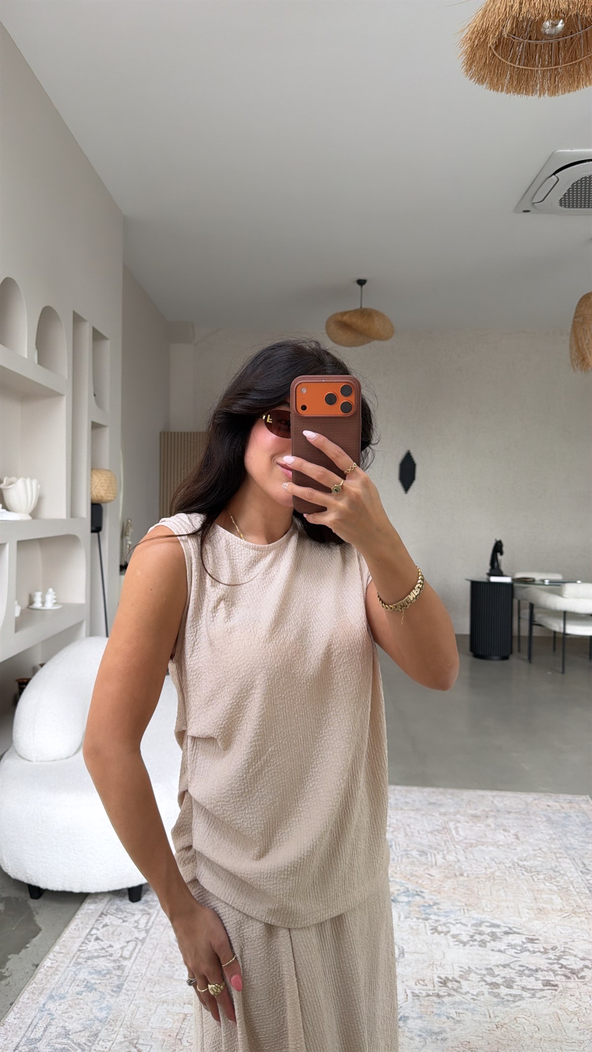 Bej Bürümcük Bohem Büzgü Detaylı Bluz Etek Takım