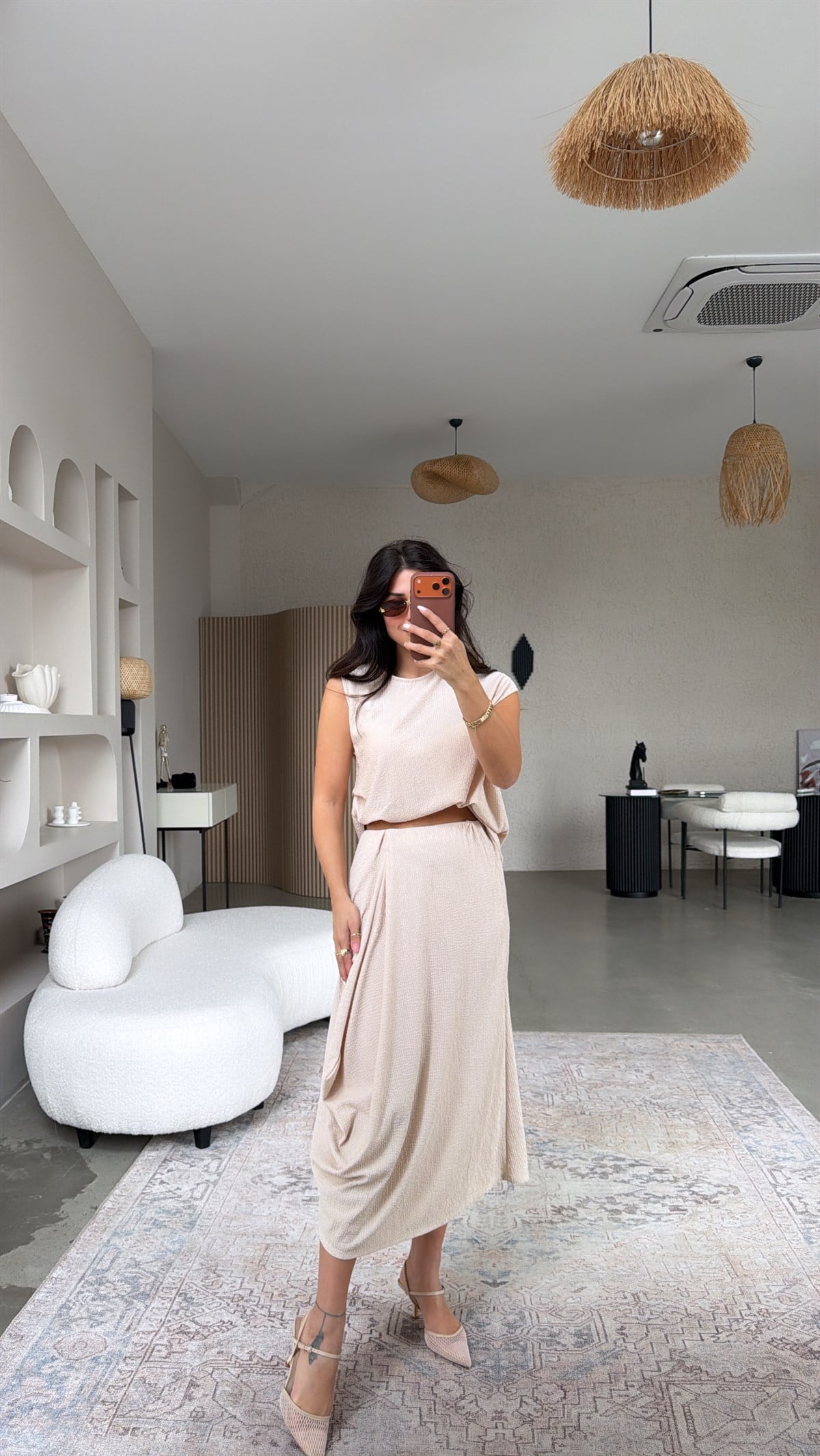 Bej Bürümcük Bohem Büzgü Detaylı Bluz Etek Takım