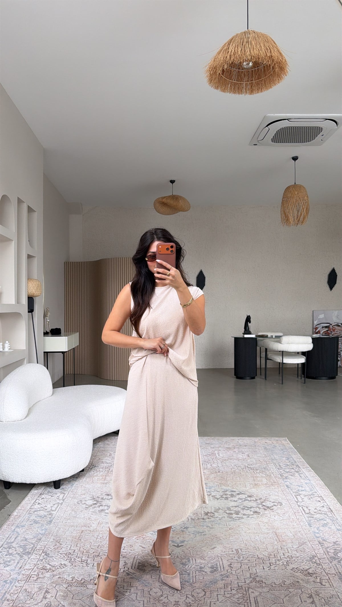 Bej Bürümcük Bohem Büzgü Detaylı Bluz Etek Takım