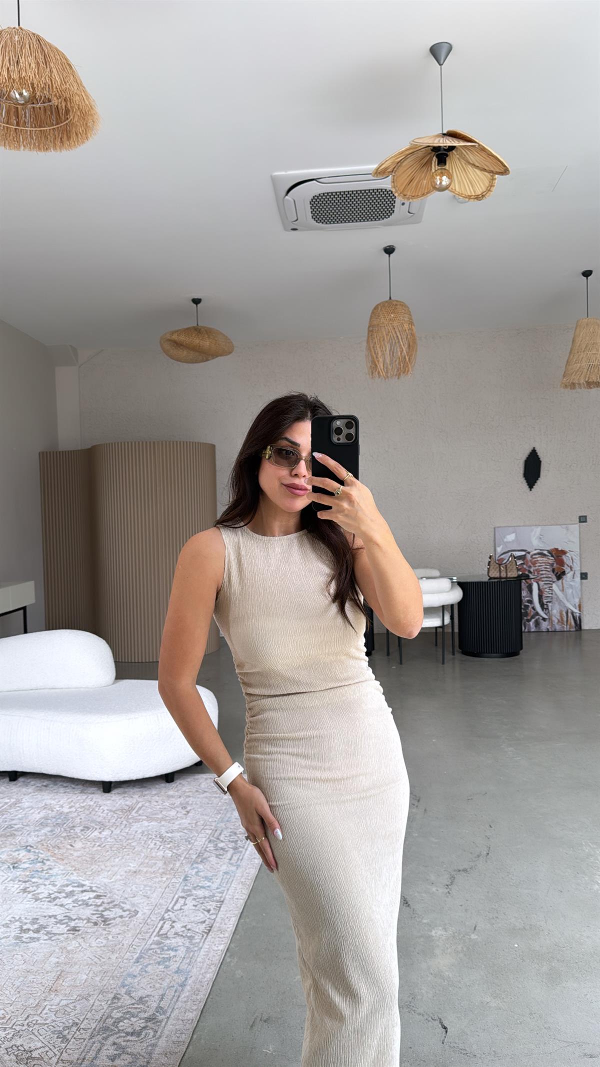 Bej Bürümcük ZR Model Büzgü Detay Elbise