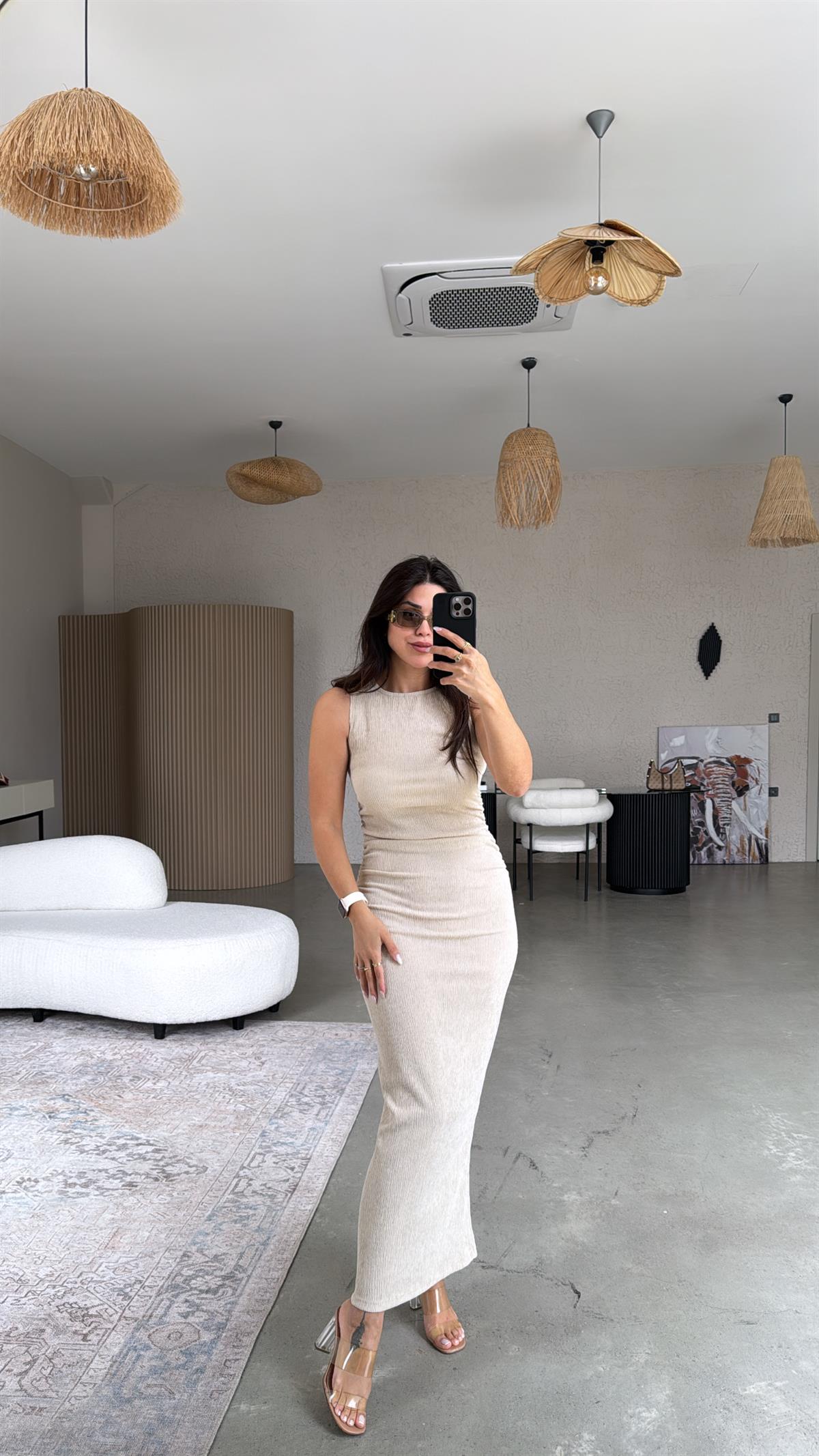 Bej Bürümcük ZR Model Büzgü Detay Elbise