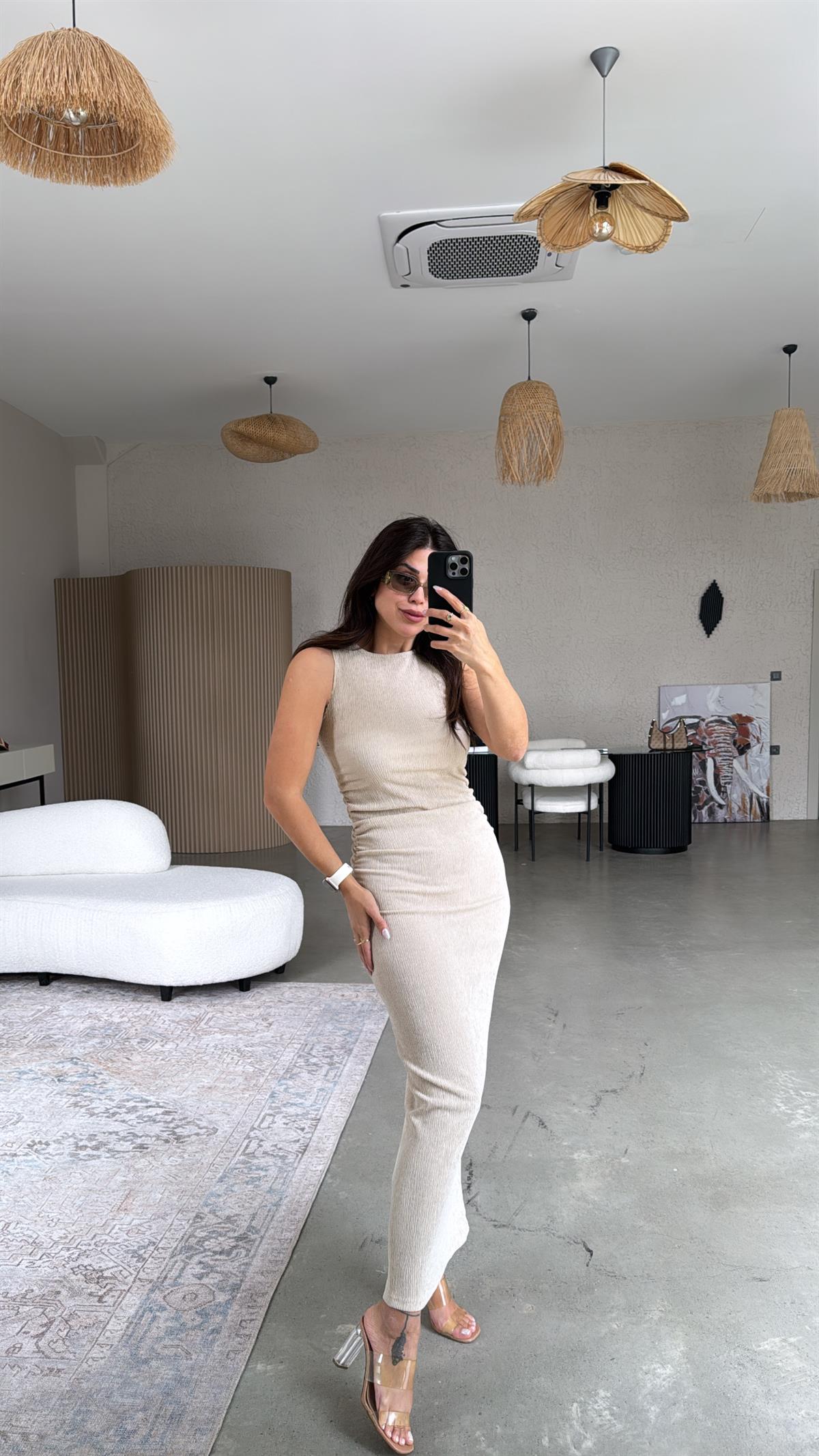 Bej Bürümcük ZR Model Büzgü Detay Elbise